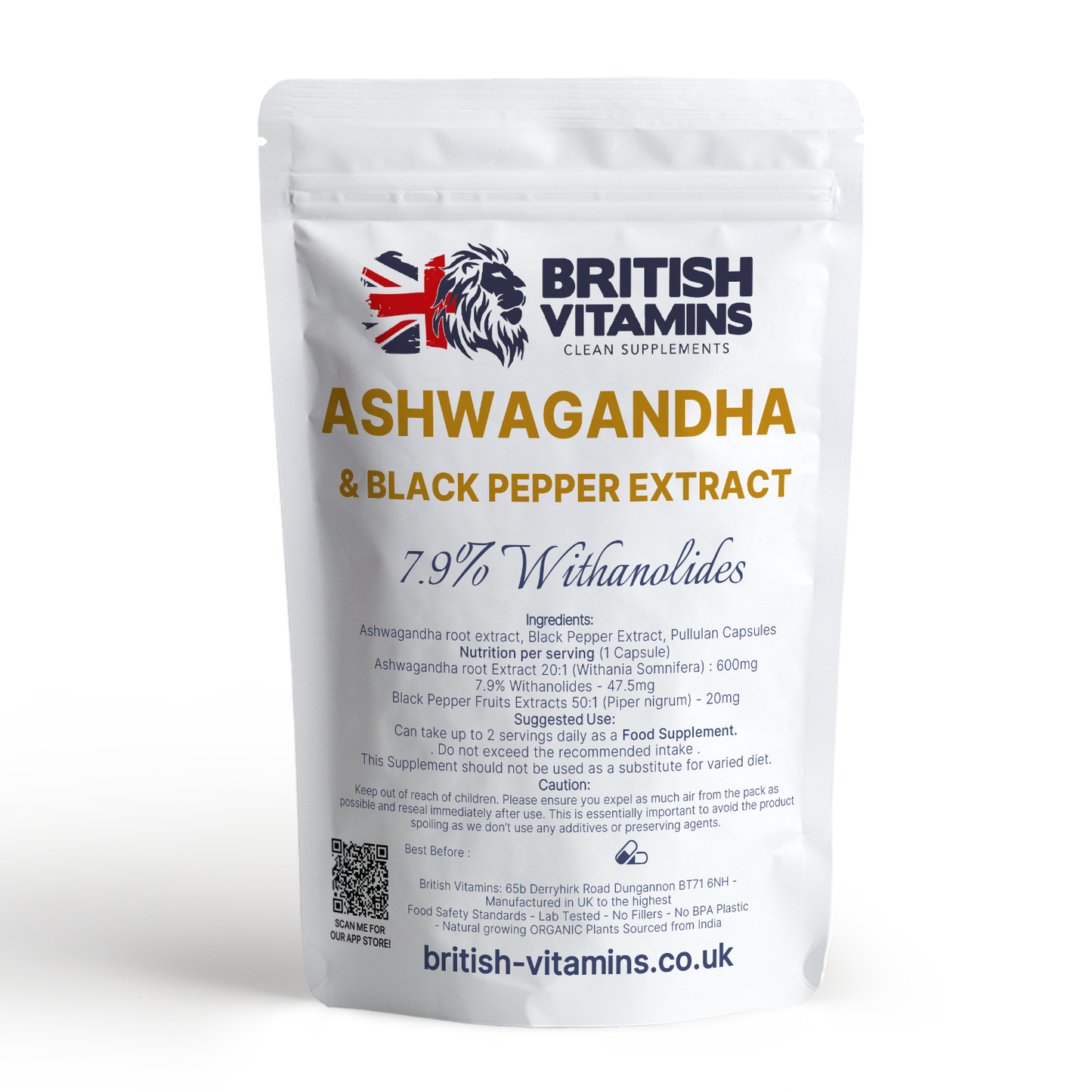 Ashwagandha 600mg contains 7.9% Withanolides with Black pepper extract 50:1 Health & Beauty:Vitamins & Lifestyle Supplements:Vitamins & Minerals British Vitamins 60 Capsules ( 2 Months )