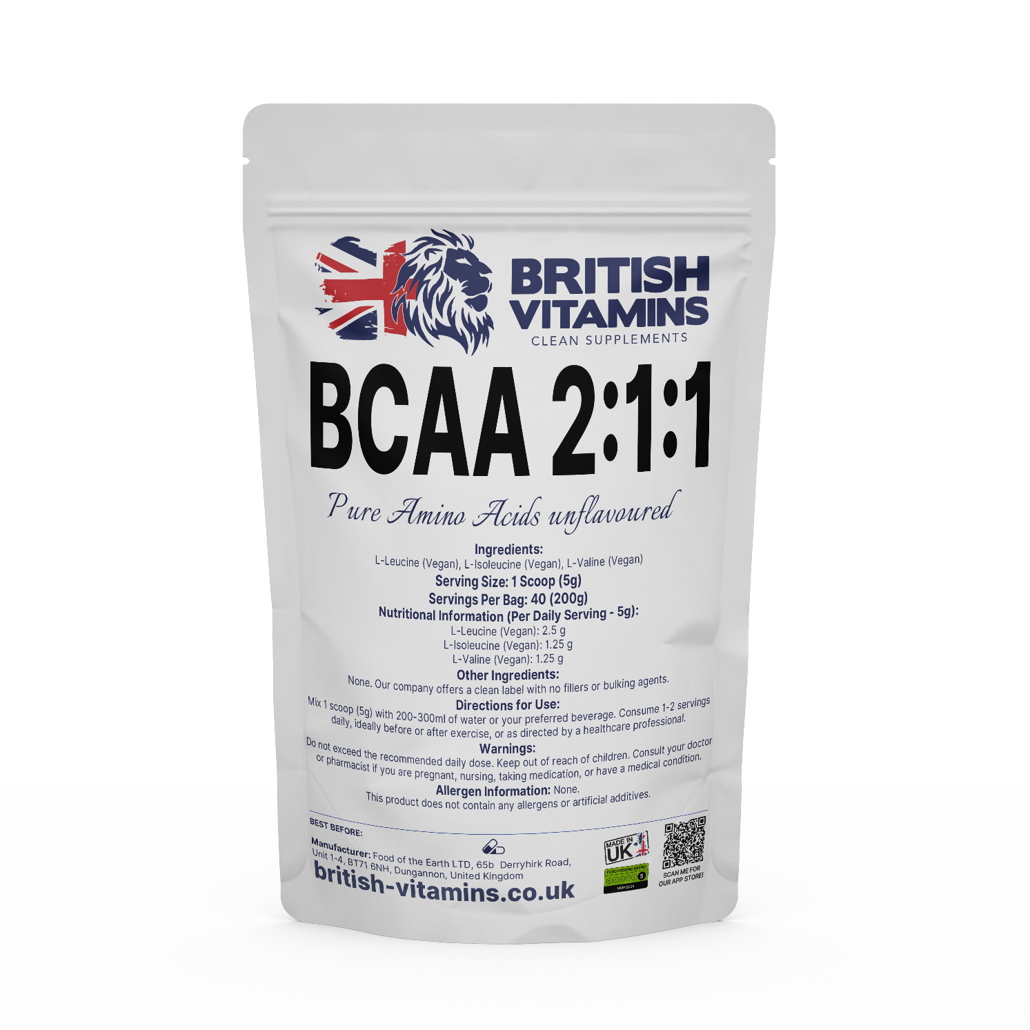 BCAA 2:1:1 Powder unflavoured Health & Beauty:Vitamins & Lifestyle Supplements:Vitamins & Minerals British Vitamins 200g