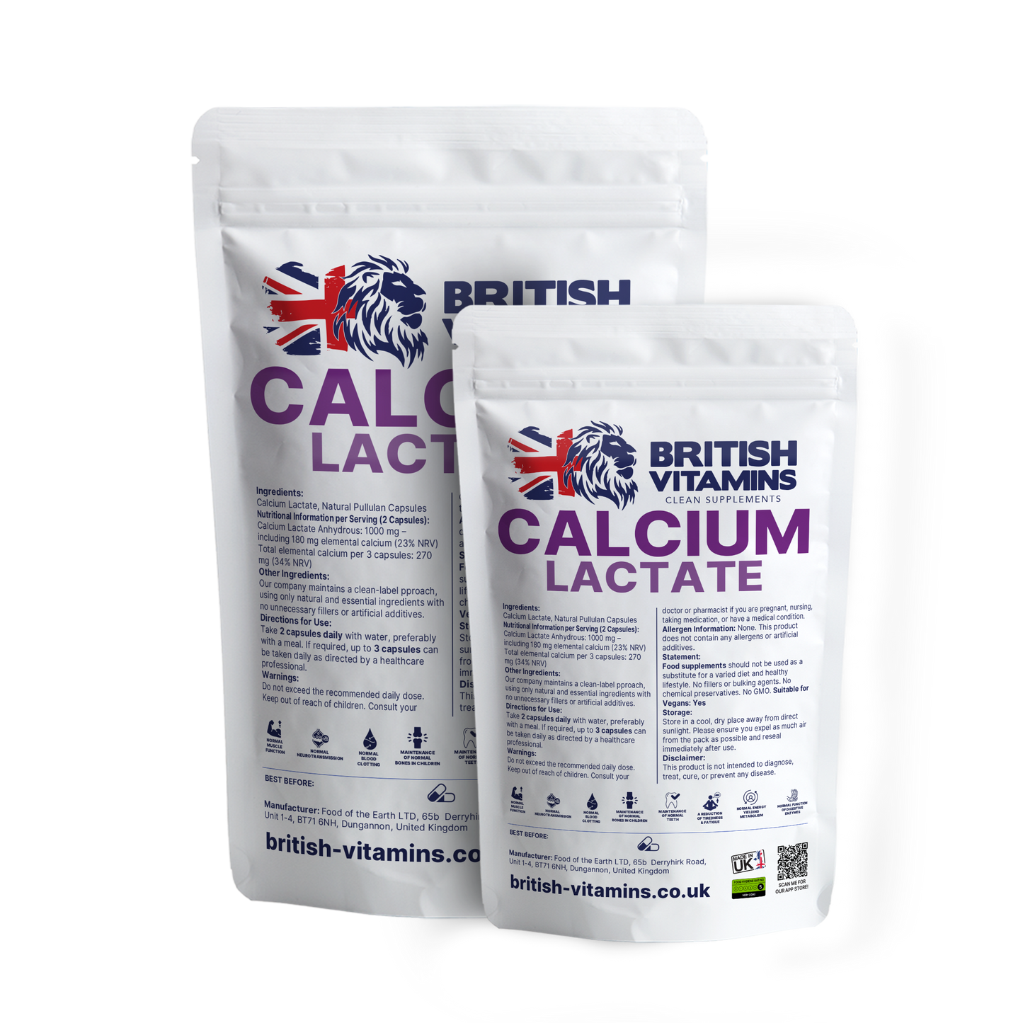 Calcium Lactate 1000mg – 180mg Elemental Calcium | Clean-Label British Vitamins
