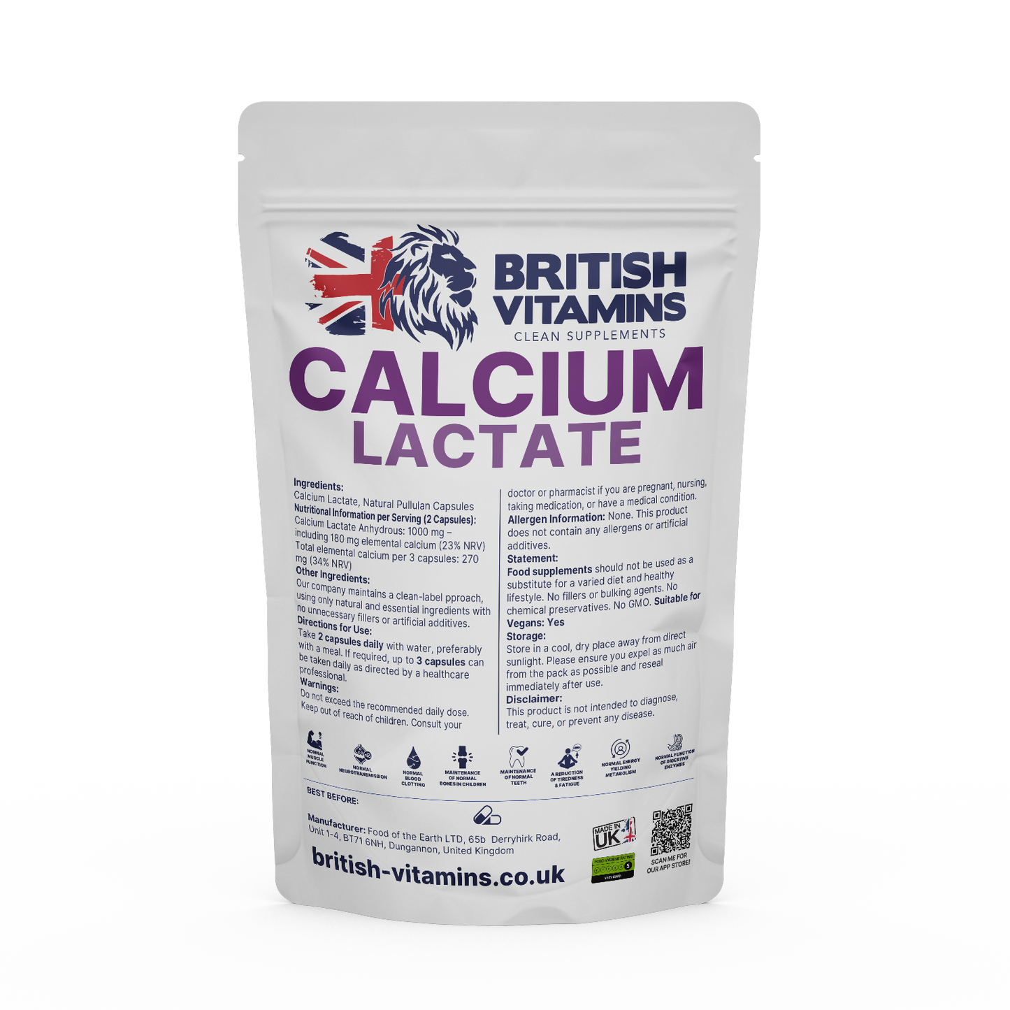 Calcium Lactate 1000mg – 180mg Elemental Calcium | Clean-Label British Vitamins 60 Capsules
