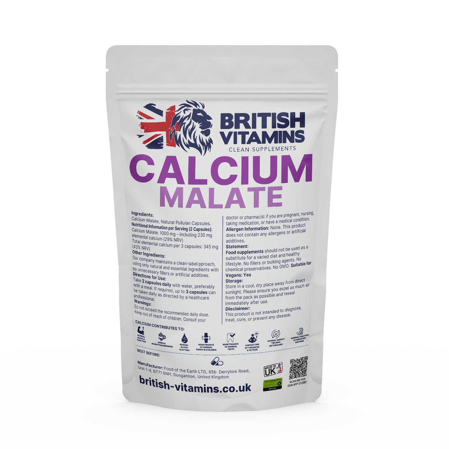Calcium Malate 230mg Elemental Calcium per 2 Capsules Vegan No Fillers ca British Vitamins 60 capsules