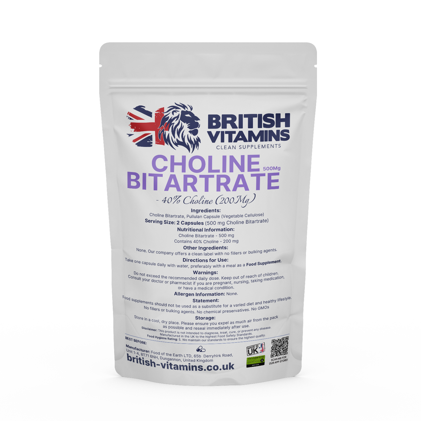 Choline Bitartrate 500mg Health & Beauty:Vitamins & Lifestyle Supplements:Vitamins & Minerals British Vitamins 5 Capsules (Sample)