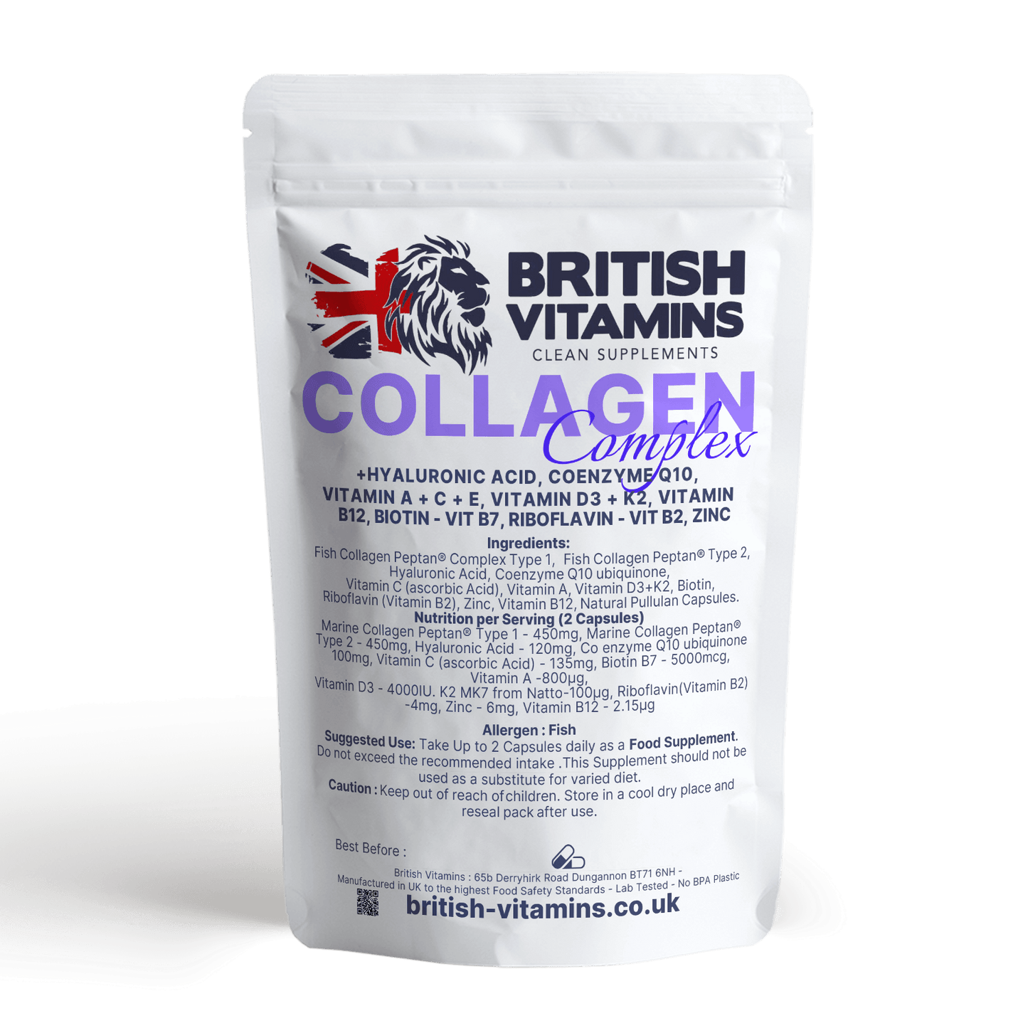 Marine Collagen, Hyaluronic Acid, CoQ10 & Multivitamins – A, C, D3, E, K2, B2, B12, Biotin, Zinc Health & Beauty:Vitamins & Lifestyle Supplements:Vitamins & Minerals British Vitamins 5 Capsules ( Sample )