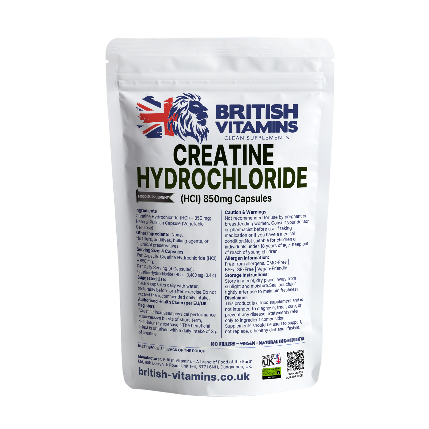 Creatine Hydrochloride (HCl) 850 mg per Capsule British Vitamins 120 Capsules