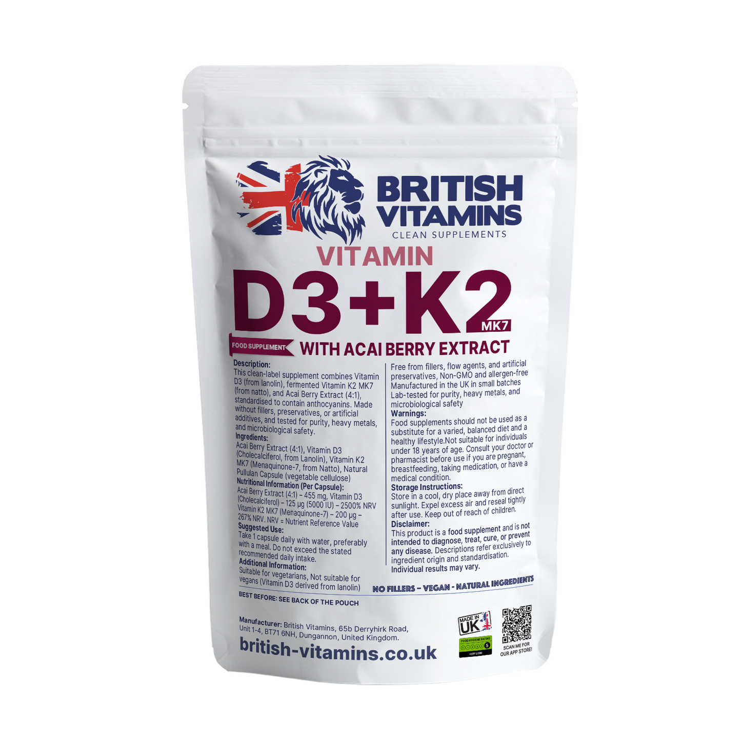 D3 K2 MK-7 Vitamins Formulated with Acai Berry Health & Beauty:Vitamins & Lifestyle Supplements:Vitamins & Minerals British Vitamins 5 Capsules ( Sample )