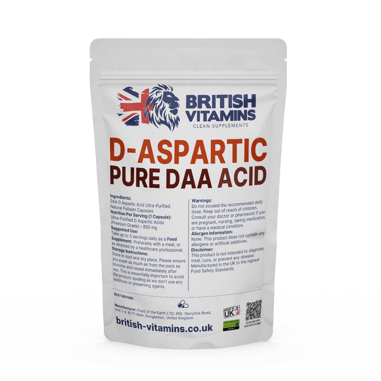 D Aspartic Acid DAA Health & Beauty:Vitamins & Lifestyle Supplements:Vitamins & Minerals British Vitamins 30 Capsules ( 1 Month )