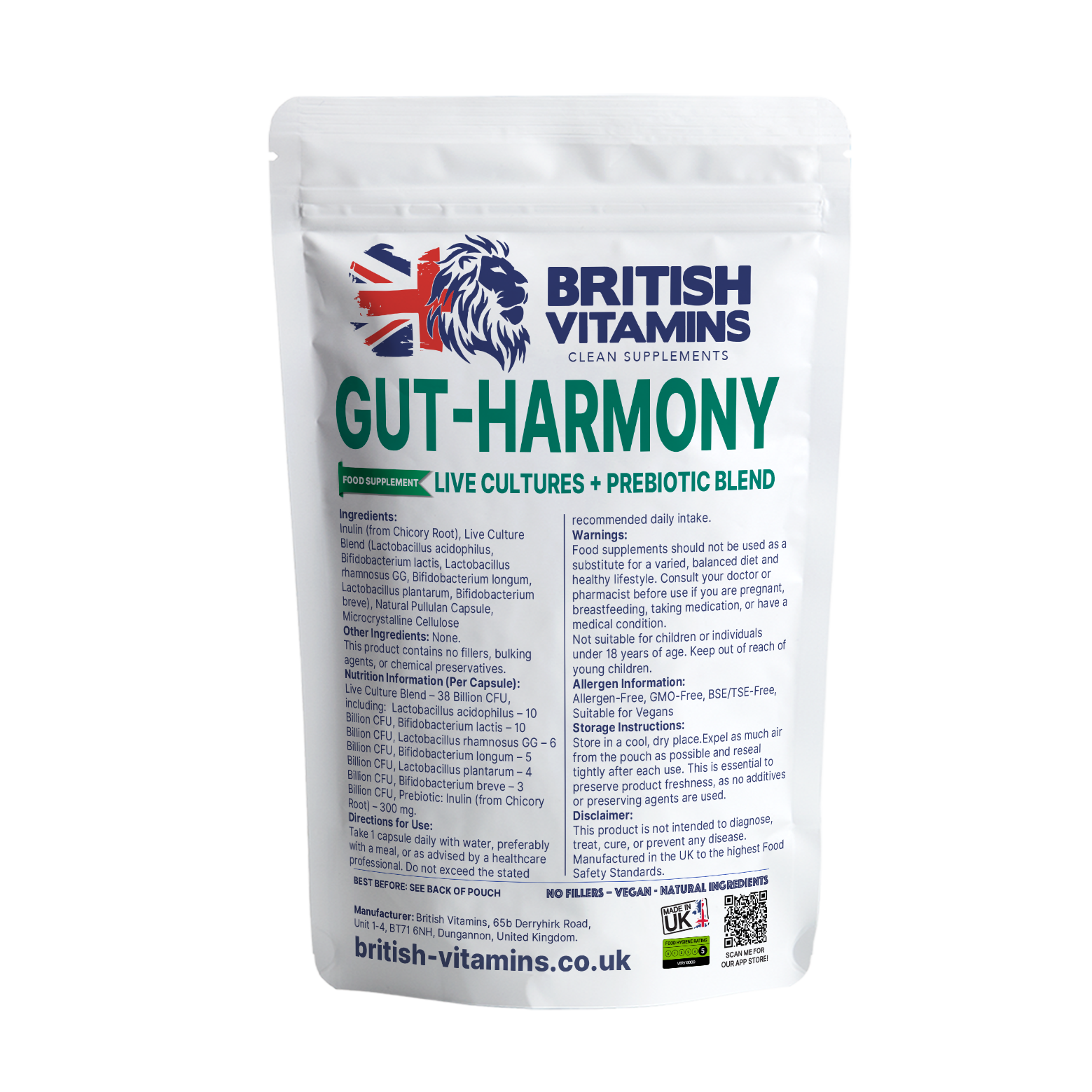 GUTHARMONY Live Cultures + Prebiotic Blend – 38 Billion CFU with Inulin (Clean Label) Health & Beauty:Vitamins & Lifestyle Supplements:Vitamins & Minerals British Vitamins 60 Capsules
