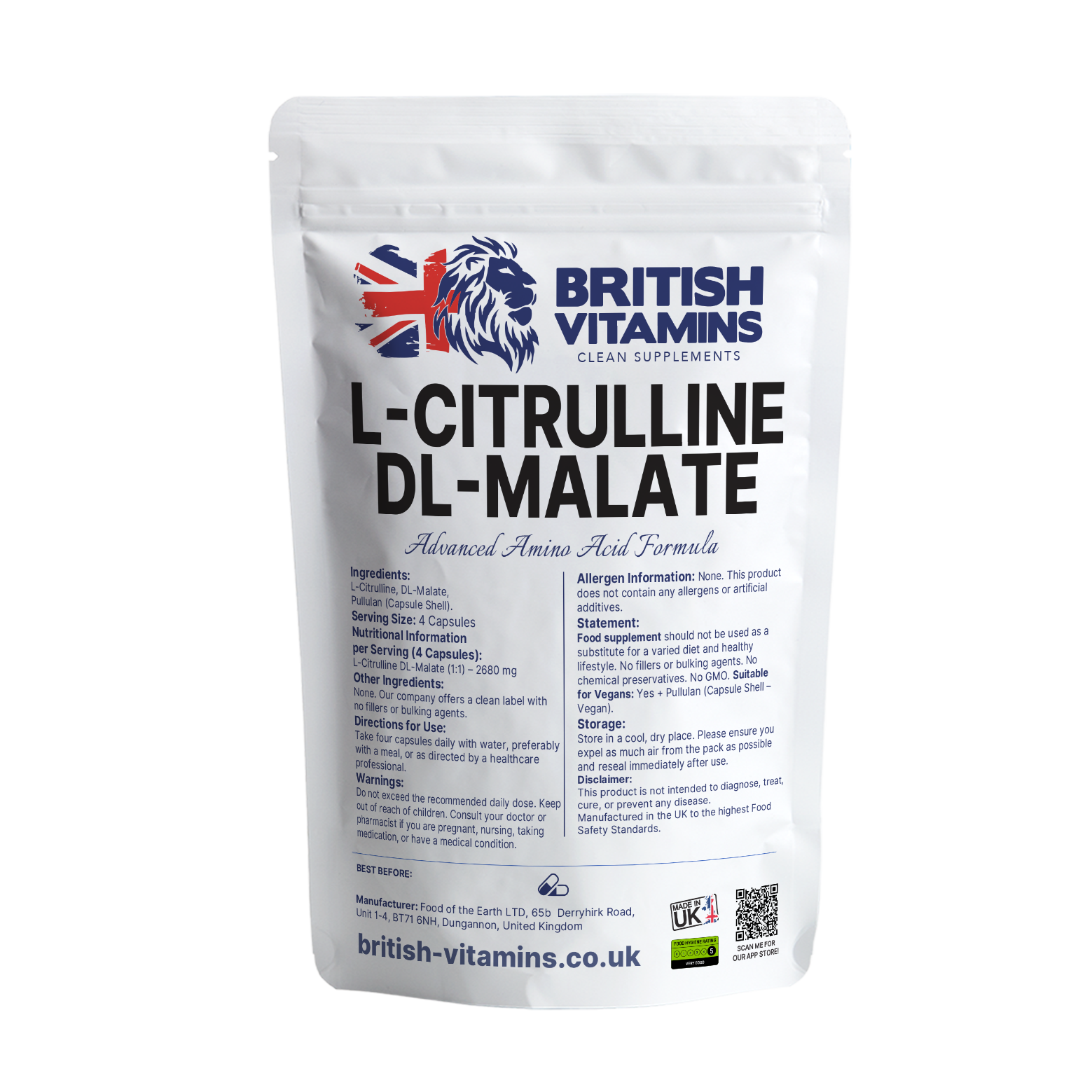 L-Citrulline DL-Malate 750mg No Fillers Health & Beauty:Vitamins & Lifestyle Supplements:Vitamins & Minerals British Vitamins 120 Capsules