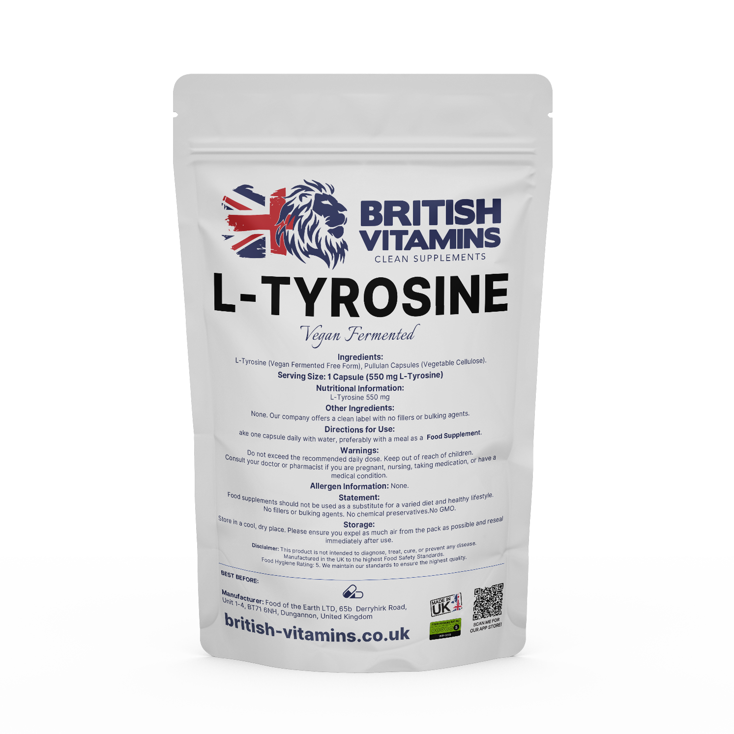 L-Tyrosine Food Supplement British Vitamins 5 capsules (sample)