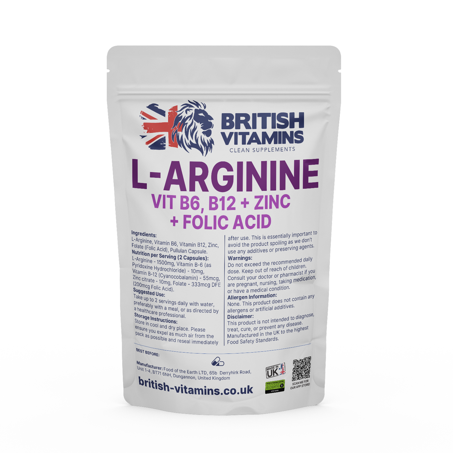L-Arginine Supplement Health & Beauty:Vitamins & Lifestyle Supplements:Vitamins & Minerals British Vitamins 60 Capsules