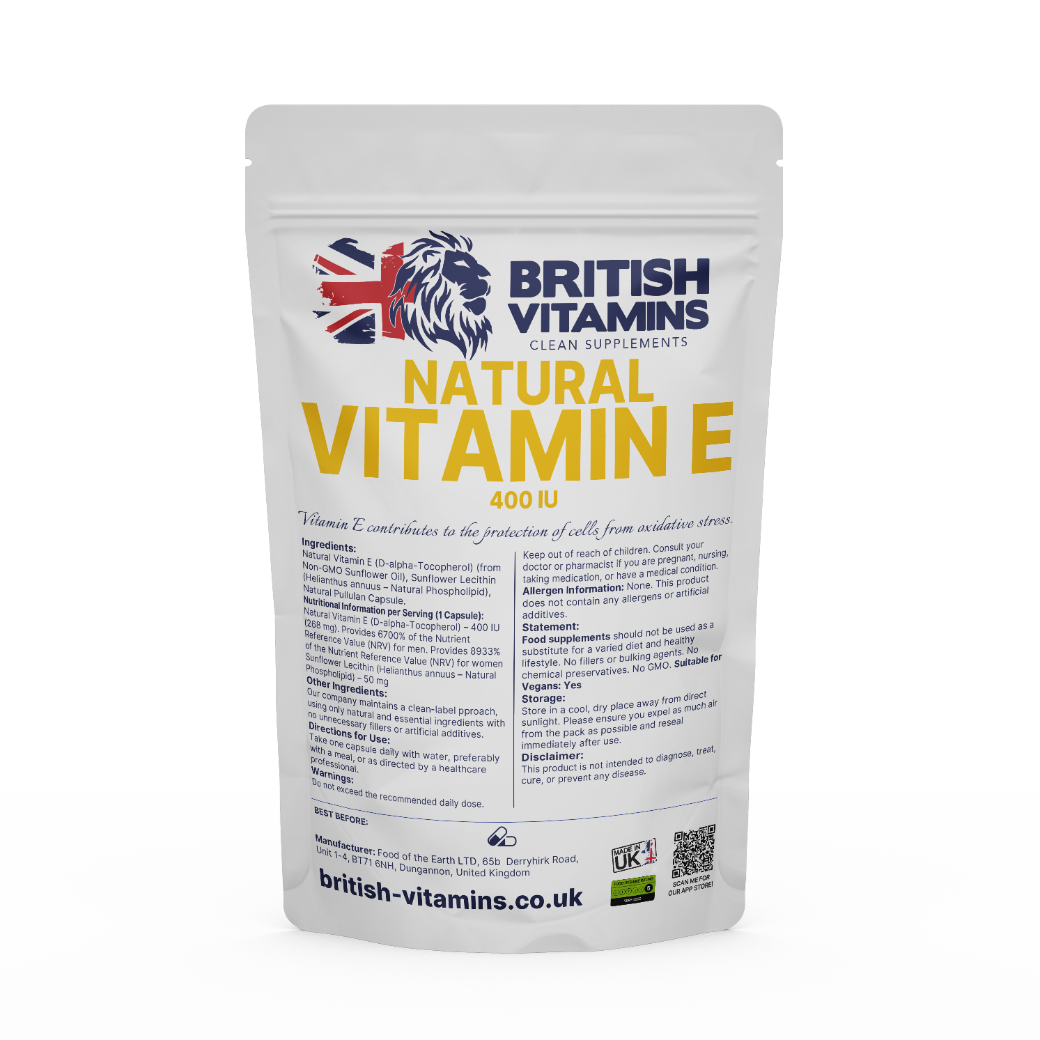 Natural Vitamin E 400IU 268 mg Vegan vi British Vitamins 90 Capsules