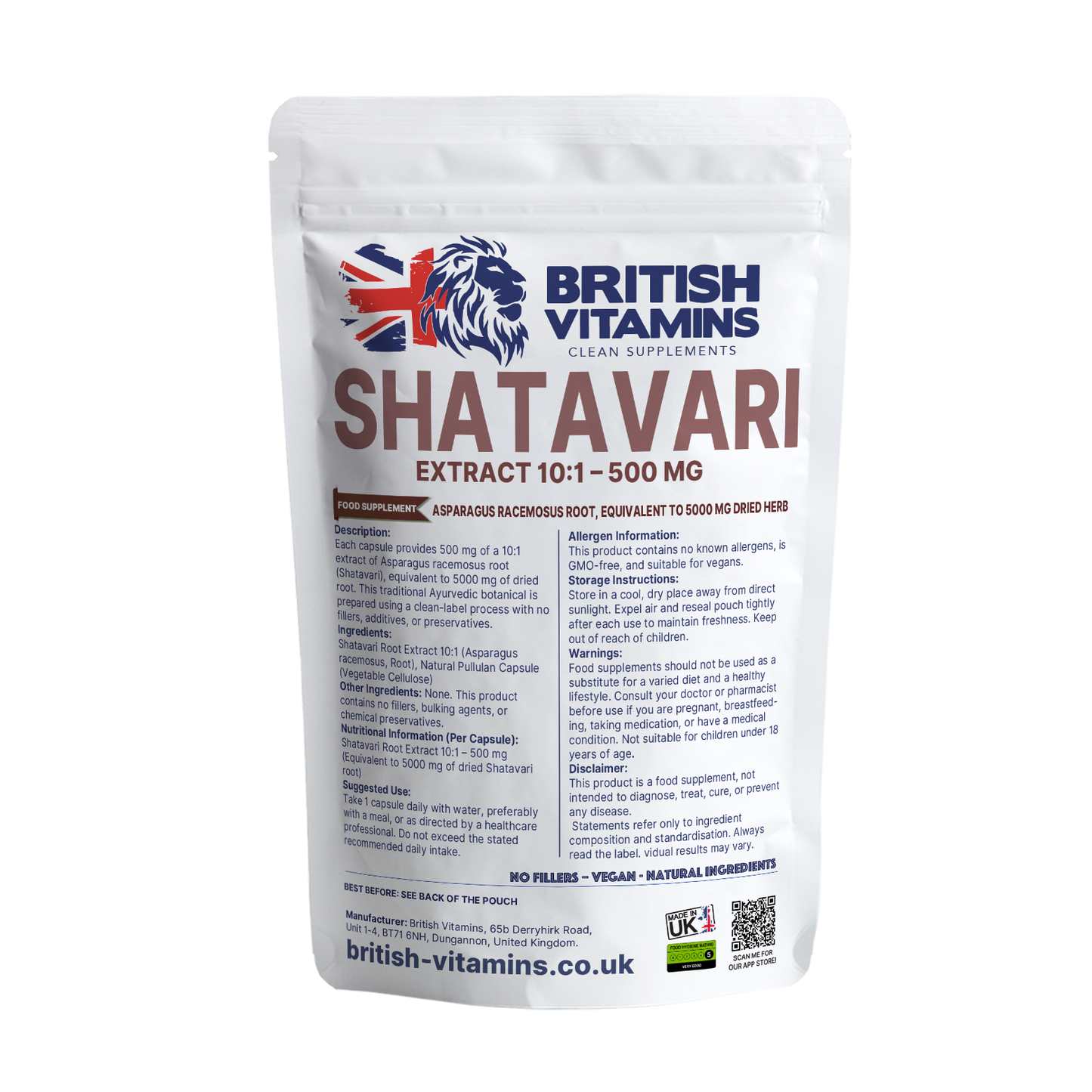 Shatavari Root Capsules 500mg – Traditional Botanical – Clean Label Vegan Capsules British Vitamins 60 Capsules