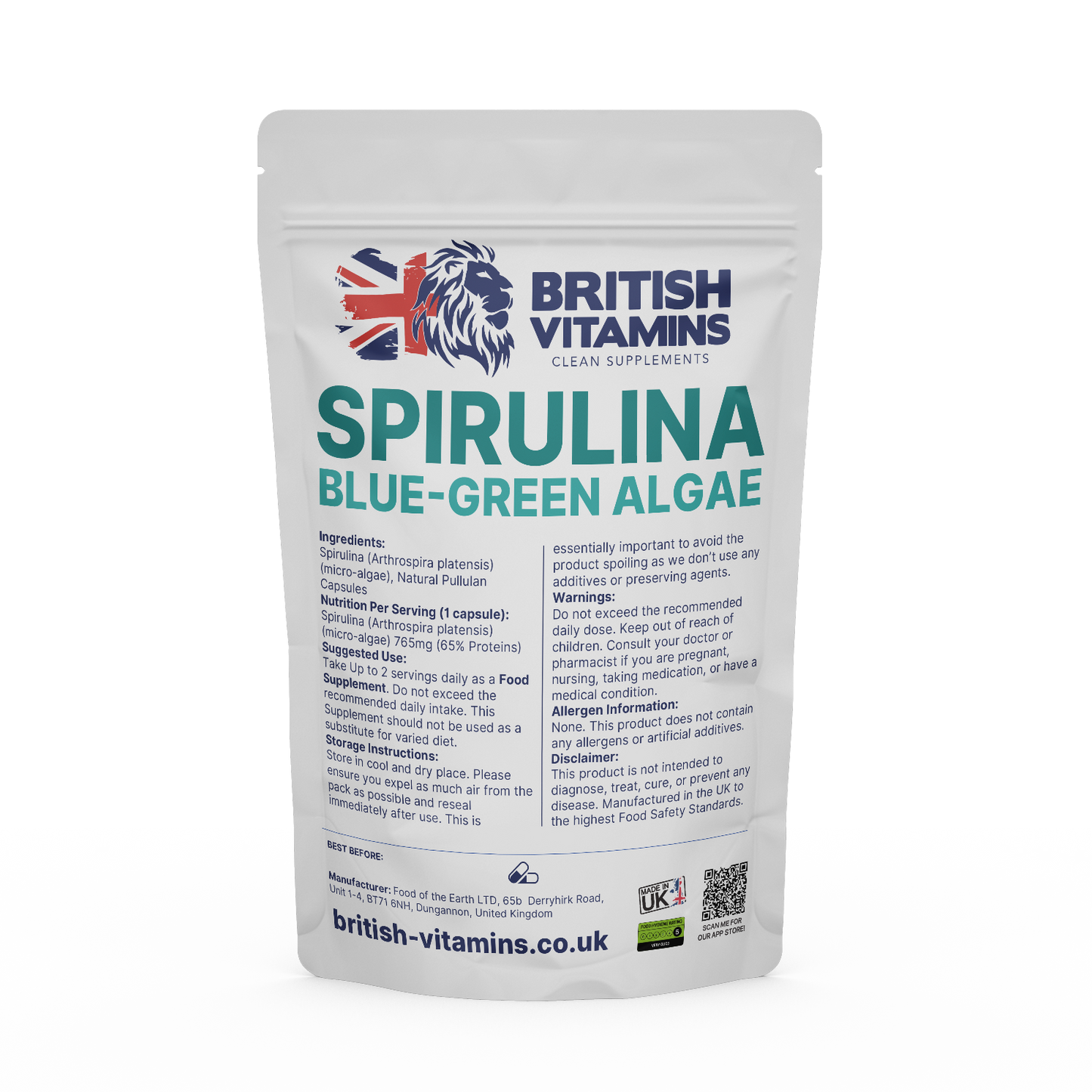 Spirulina extract Organic 765mg 65% Proteins Vegan Capsules Health & Beauty:Vitamins & Lifestyle Supplements:Vitamins & Minerals British Vitamins 5 Capsules ( Sample )