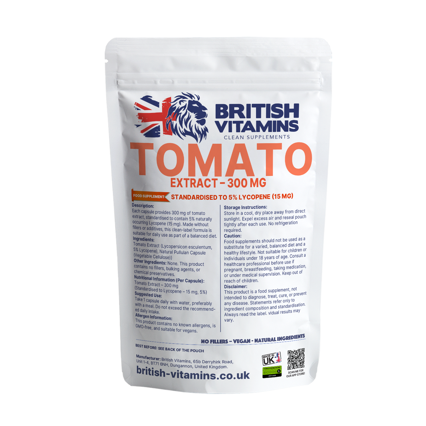 Tomato Extract 300mg – 5% Lycopene 15mg – Clean Label – No Fillers – Vegan – UK Made British Vitamins 60 Capsules