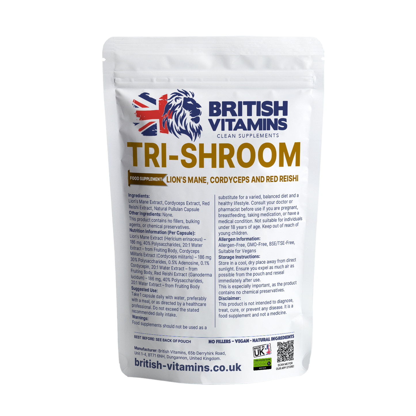 Trishroom - Lion's Mane, Cordyceps, Red Reishi, Mushroom Complex Health & Beauty:Vitamins & Lifestyle Supplements:Vitamins & Minerals British Vitamins 90 Capsules