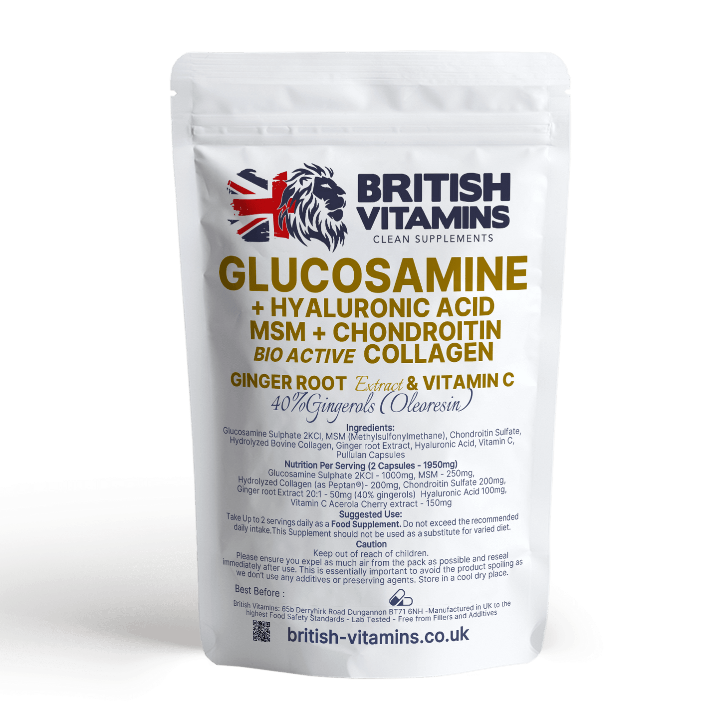 Glucosamine Complex – With MSM, Collagen + Hyaluronic, Chondroitin, and Vitamin C Ginger Health & Beauty:Vitamins & Lifestyle Supplements:Vitamins & Minerals British Vitamins 30 Capsules