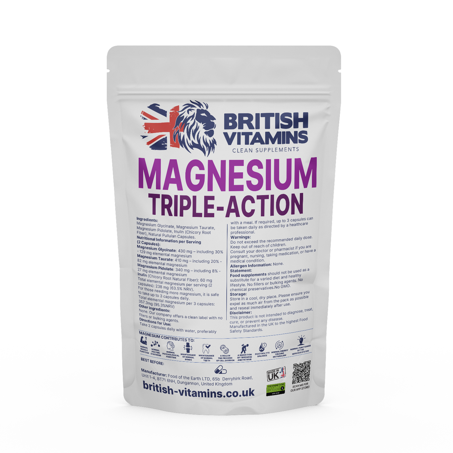 Magnesium Triple-Action Magnesium Taurate Glycinate Magnesium Pidolate Complex Health & Beauty:Vitamins & Lifestyle Supplements:Vitamins & Minerals British Vitamins 60 Capsules