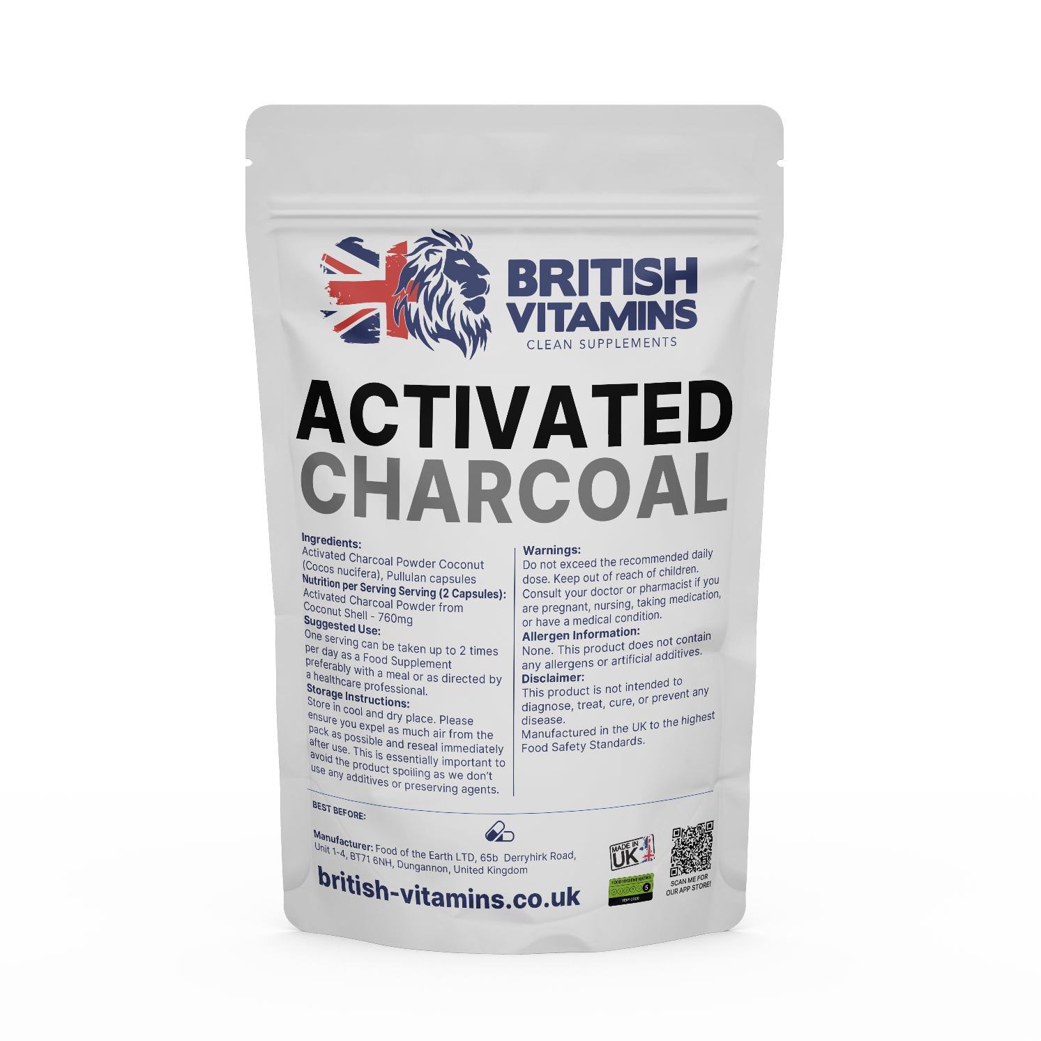 Activated Charcoal Capsules Delivered from Coconut Shells 760mg Detox Antioxidant British Vitamins 60 Capsules