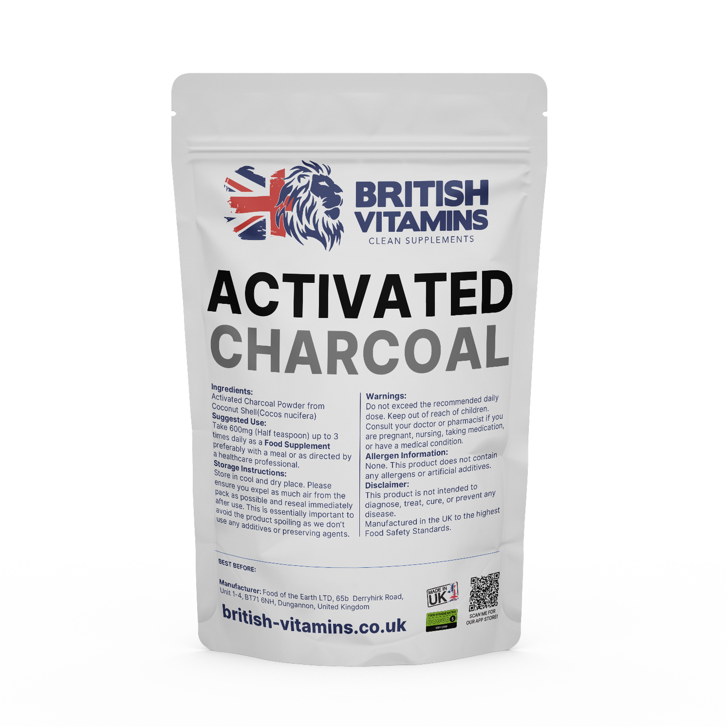 Activated Charcoal Powder Organic Coconut shell - Powder Detox Antioxidant British Vitamins 50g Powder