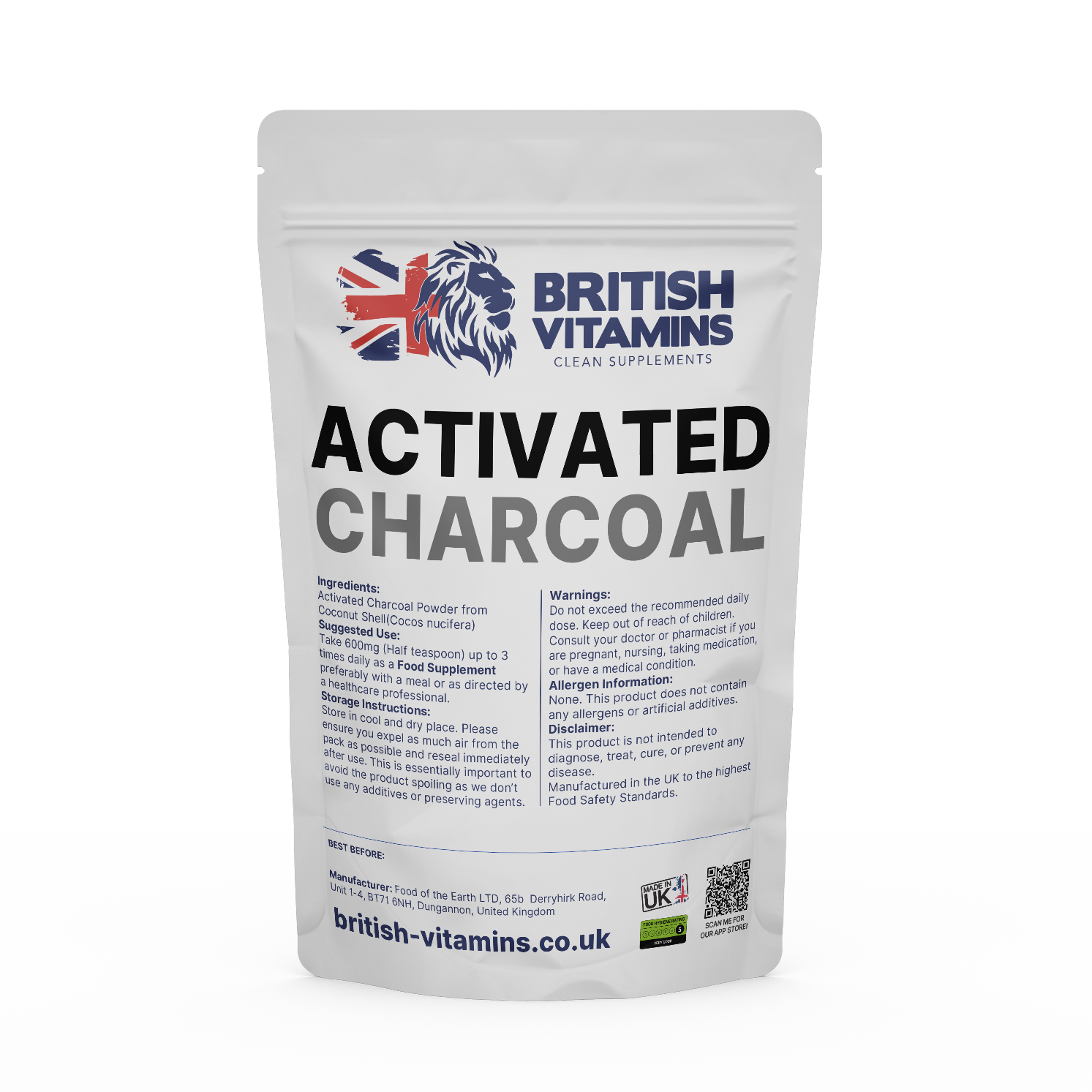 Activated Charcoal Powder Organic Coconut shell - Powder Detox Antioxidant British Vitamins 50g Powder