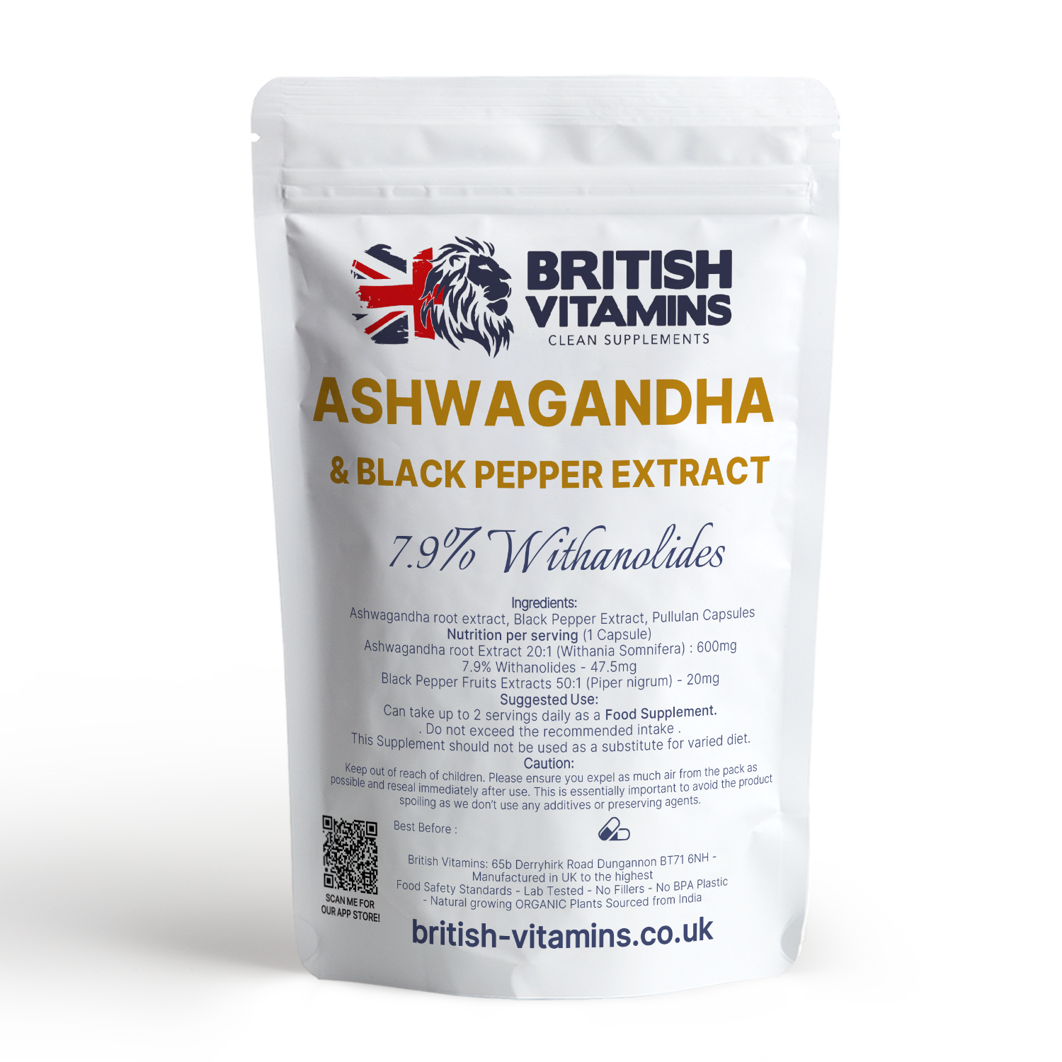 Ashwagandha 600mg contains 7.9% Withanolides with Black pepper extract 50:1 Health & Beauty:Vitamins & Lifestyle Supplements:Vitamins & Minerals British Vitamins 60 Capsules ( 2 Months )  