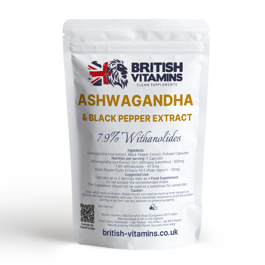 Ashwagandha 600mg contains 7.9% Withanolides with Black pepper extract 50:1 Health & Beauty:Vitamins & Lifestyle Supplements:Vitamins & Minerals British Vitamins 60 Capsules ( 2 Months )  