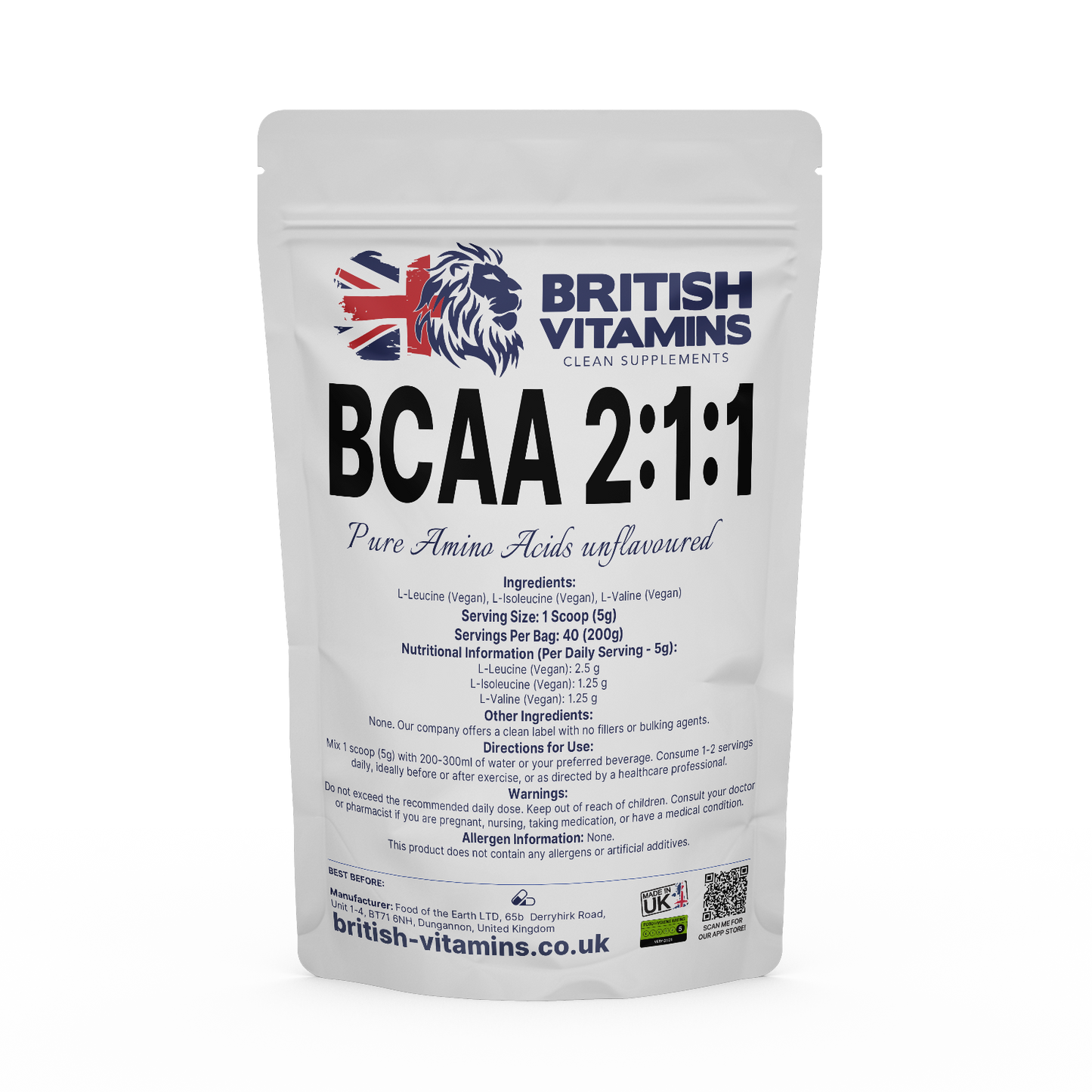 BCAA 2:1:1 Powder unflavoured Health & Beauty:Vitamins & Lifestyle Supplements:Vitamins & Minerals British Vitamins 200g  