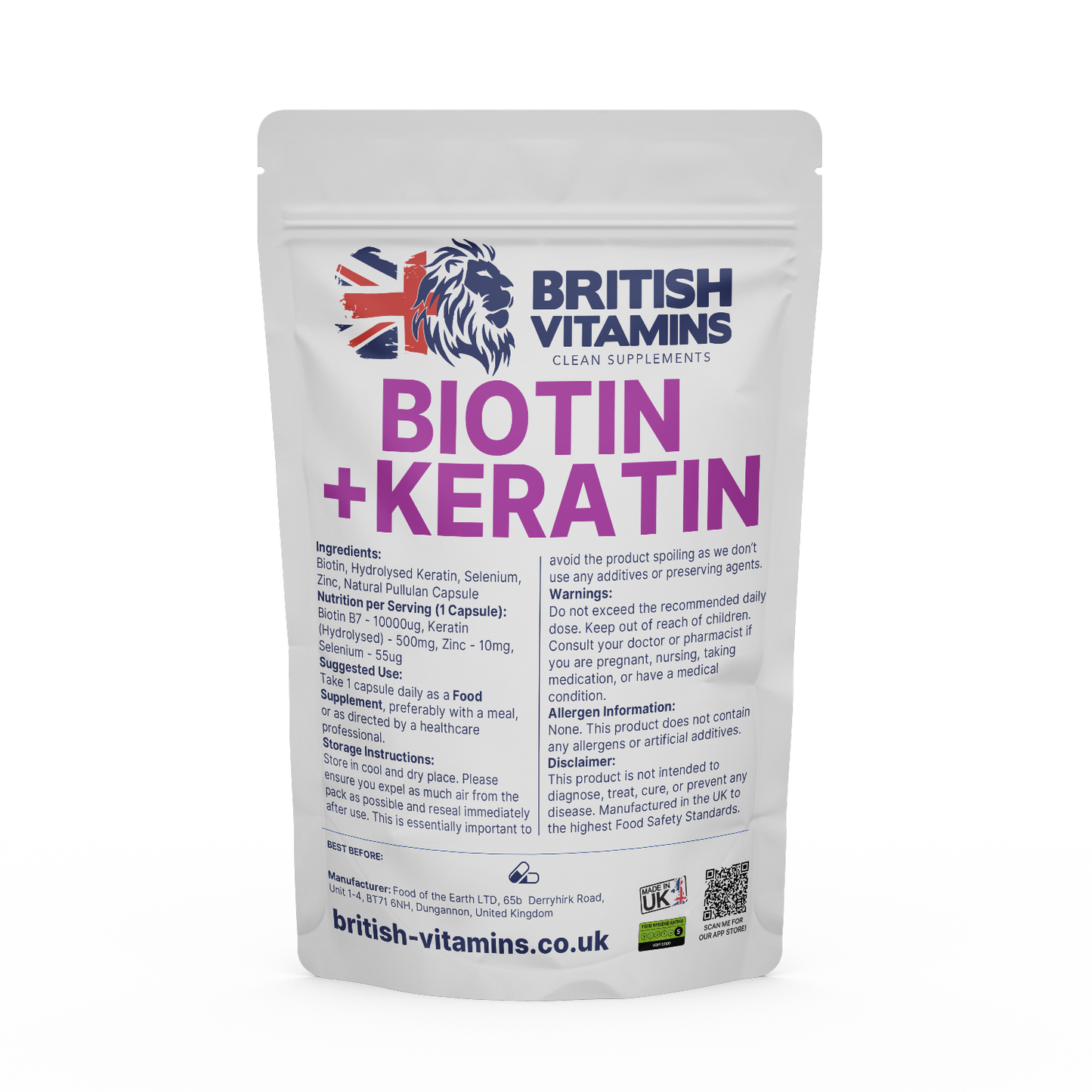 Biotin 10000mcg Hydrolysed Keratin Selenium Zinc Health & Beauty:Vitamins & Lifestyle Supplements:Vitamins & Minerals British Vitamins 30 Capsules