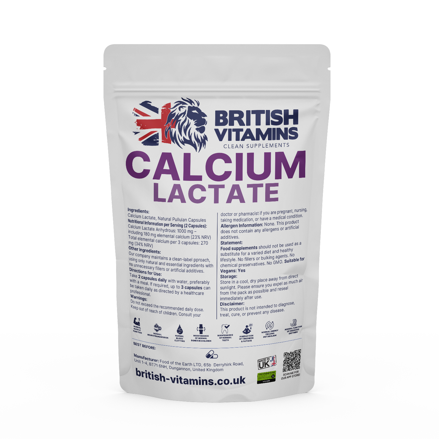 Calcium Lactate 1000mg – 180mg Elemental Calcium | Clean-Label British Vitamins 60 Capsules