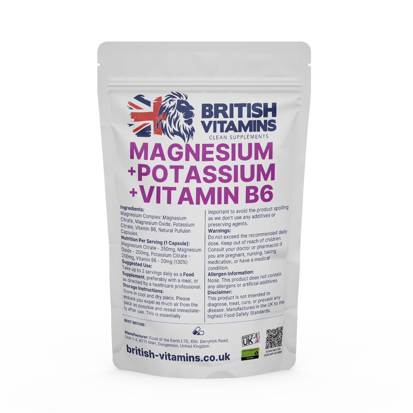 Magnesium Potassium and Vitamin B6 Health & Beauty:Vitamins & Lifestyle Supplements:Vitamins & Minerals British Vitamins 60 Capsules