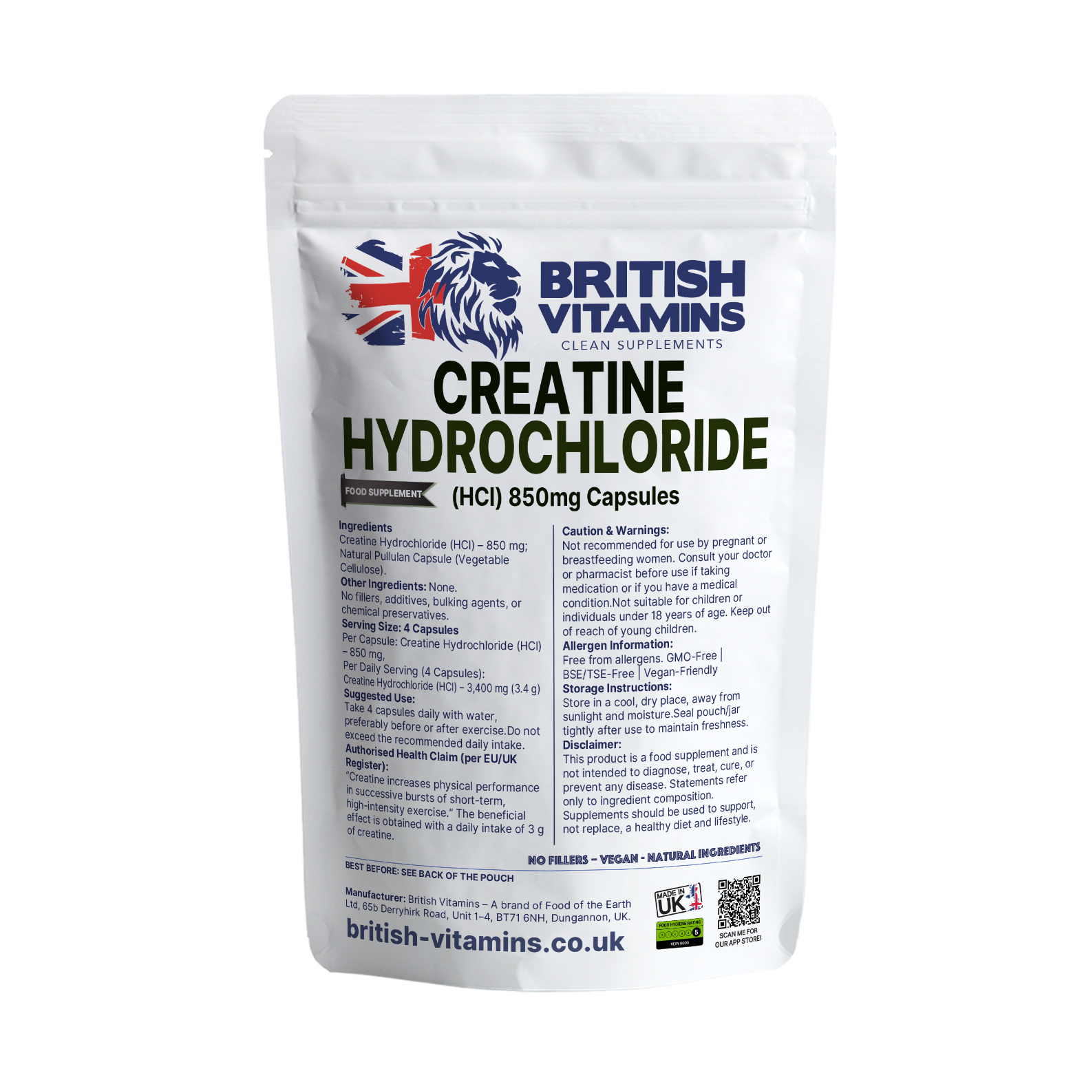 Creatine Hydrochloride (HCl) 850 mg per Capsule British Vitamins 120 Capsules
