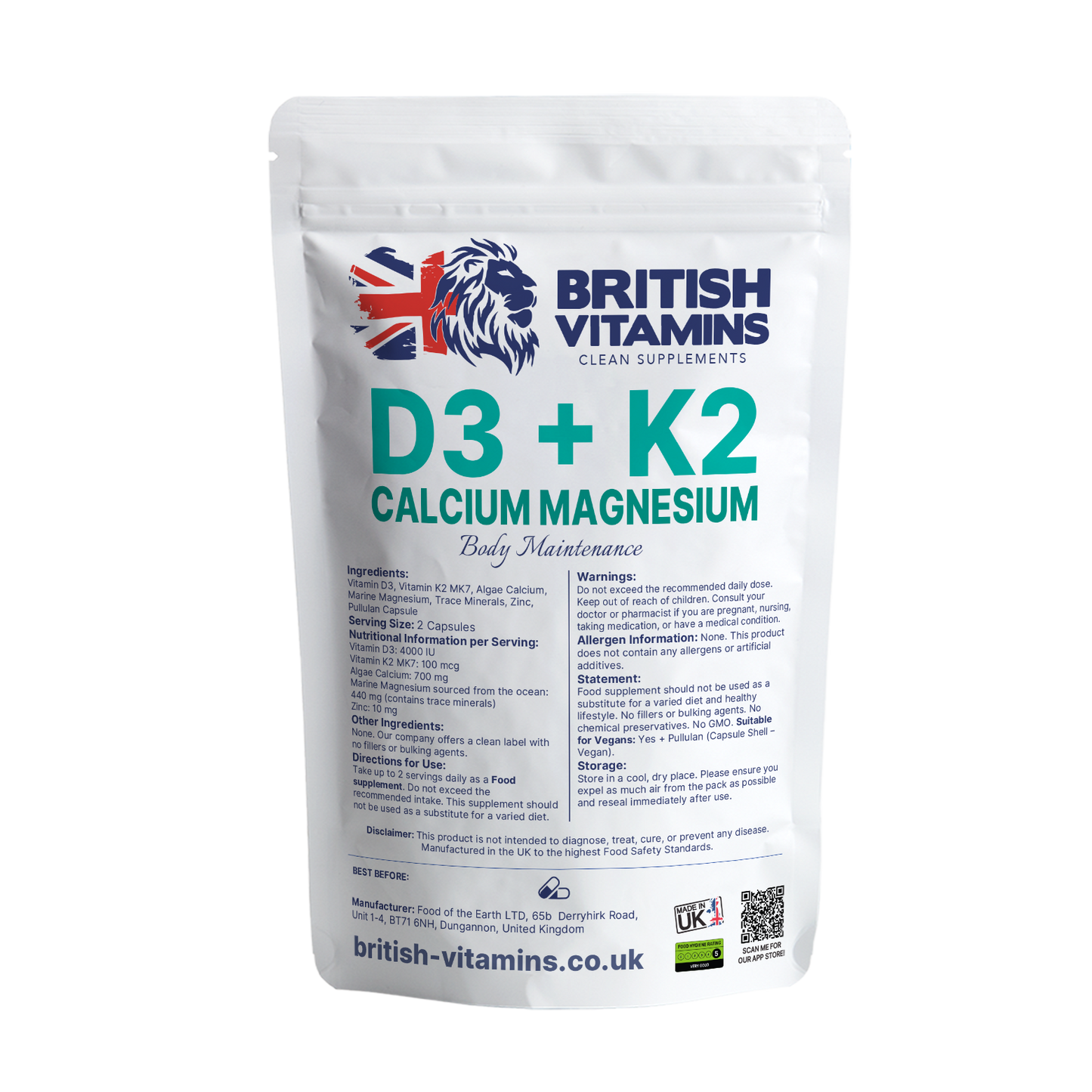 D3 + K2 Calcium Zinc Magnesium Health & Beauty:Vitamins & Lifestyle Supplements:Sports Supplements:Protein Shakes & Bodybuilding British Vitamins 60 capsules  