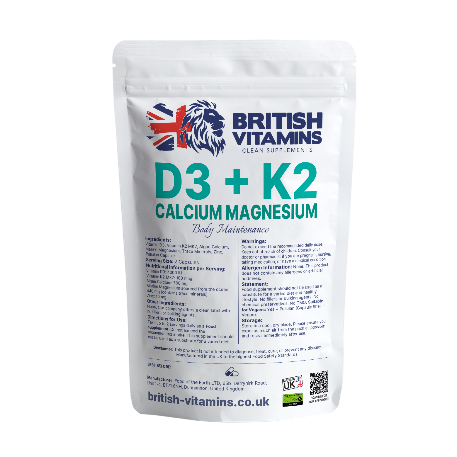 D3 + K2 Calcium Zinc Magnesium Health & Beauty:Vitamins & Lifestyle Supplements:Sports Supplements:Protein Shakes & Bodybuilding British Vitamins 60 capsules  