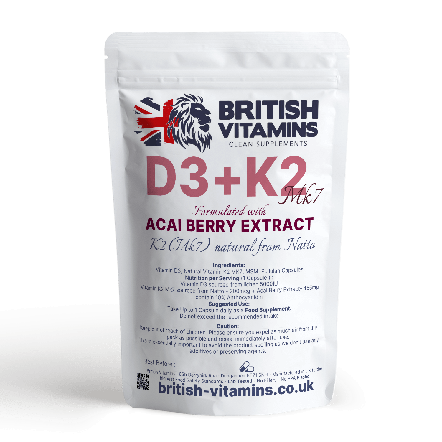 D3+K2 MK-7 5000IU Plant Vitamins Formulated with Acai Berry Health & Beauty:Vitamins & Lifestyle Supplements:Vitamins & Minerals British Vitamins 5 Capsules ( Sample )  