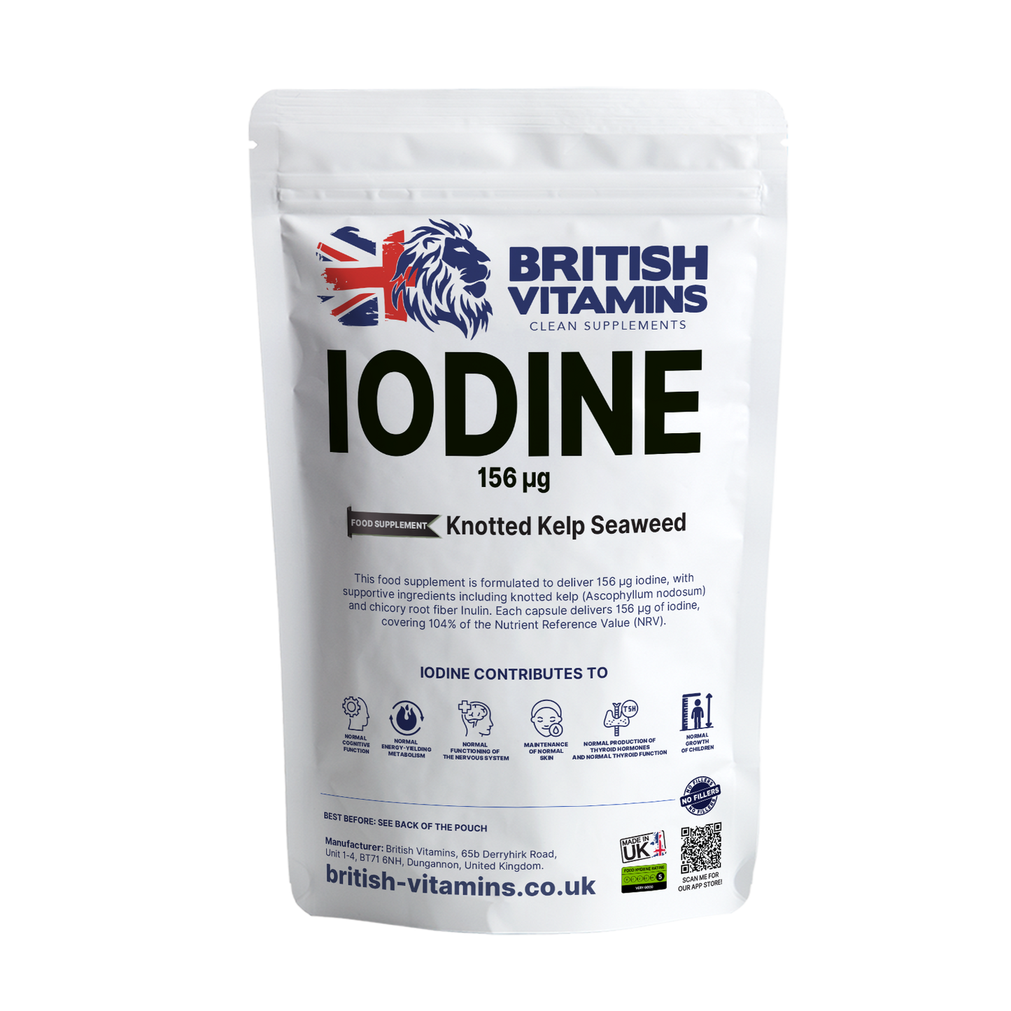 Iodine 156 µg (Knotted Kelp Seaweed) – Natural Vegan Food Supplement British Vitamins 60 Capsules