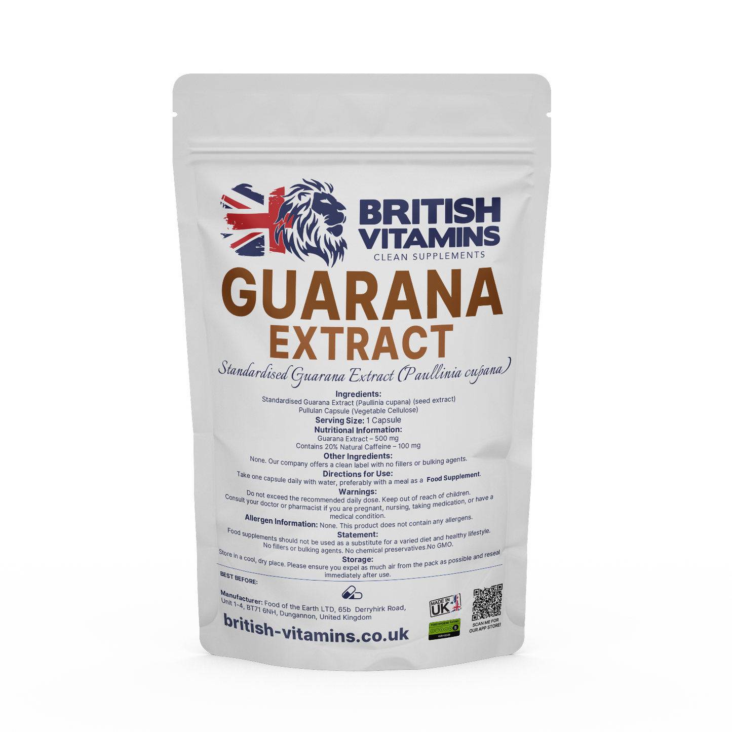 Guarana Extract - 20% Natural Caffeine Health & Beauty:Vitamins & Lifestyle Supplements:Vitamins & Minerals British Vitamins 5 Capsules (Sample)  