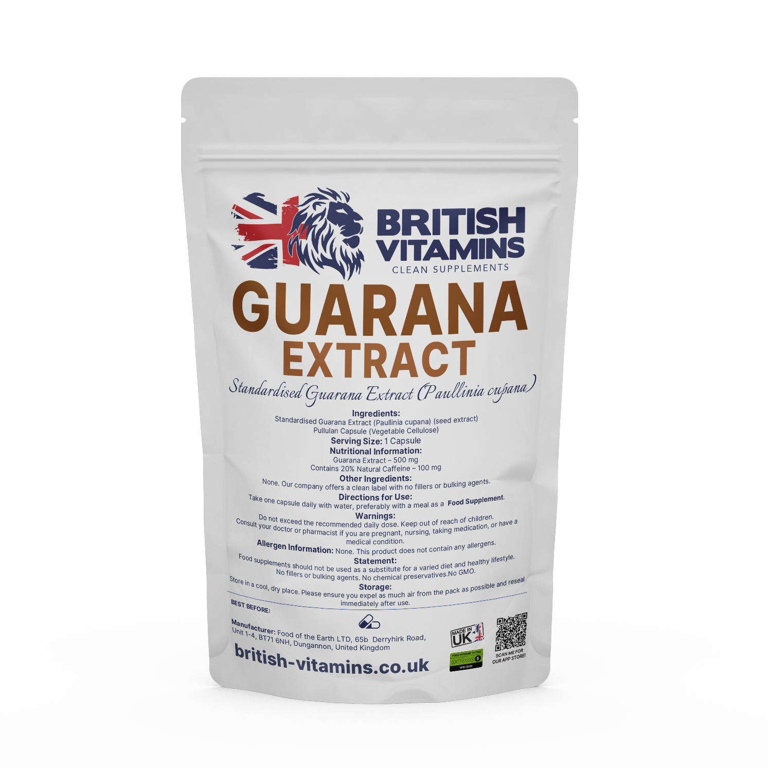 Guarana Extract - 20% Natural Caffeine Health & Beauty:Vitamins & Lifestyle Supplements:Vitamins & Minerals British Vitamins 5 Capsules (Sample)  