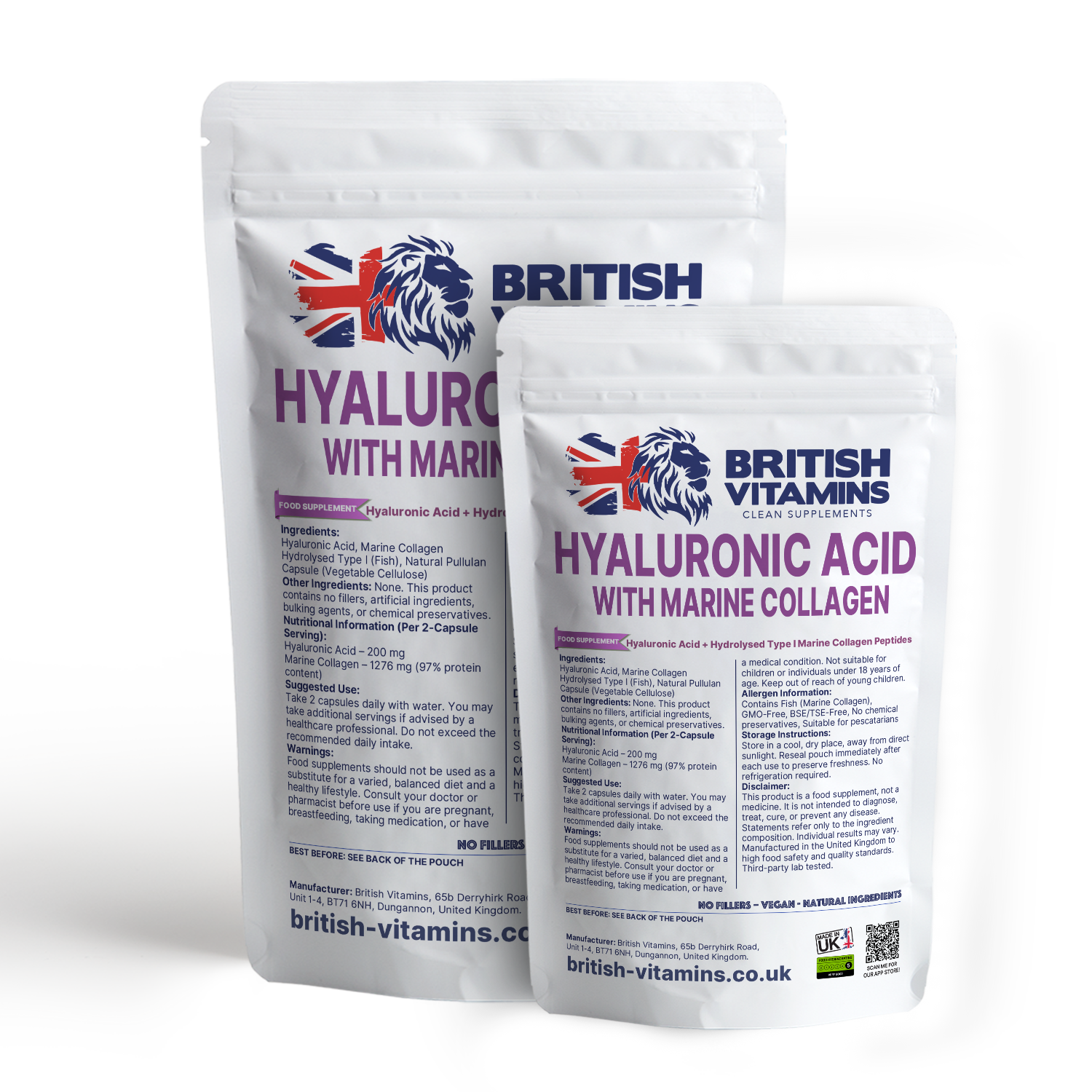 Hyaluronic acid + Type 1 Marine Collagen Complex No Fillers Proteins Health & Beauty:Vitamins & Lifestyle Supplements:Vitamins & Minerals British Vitamins
