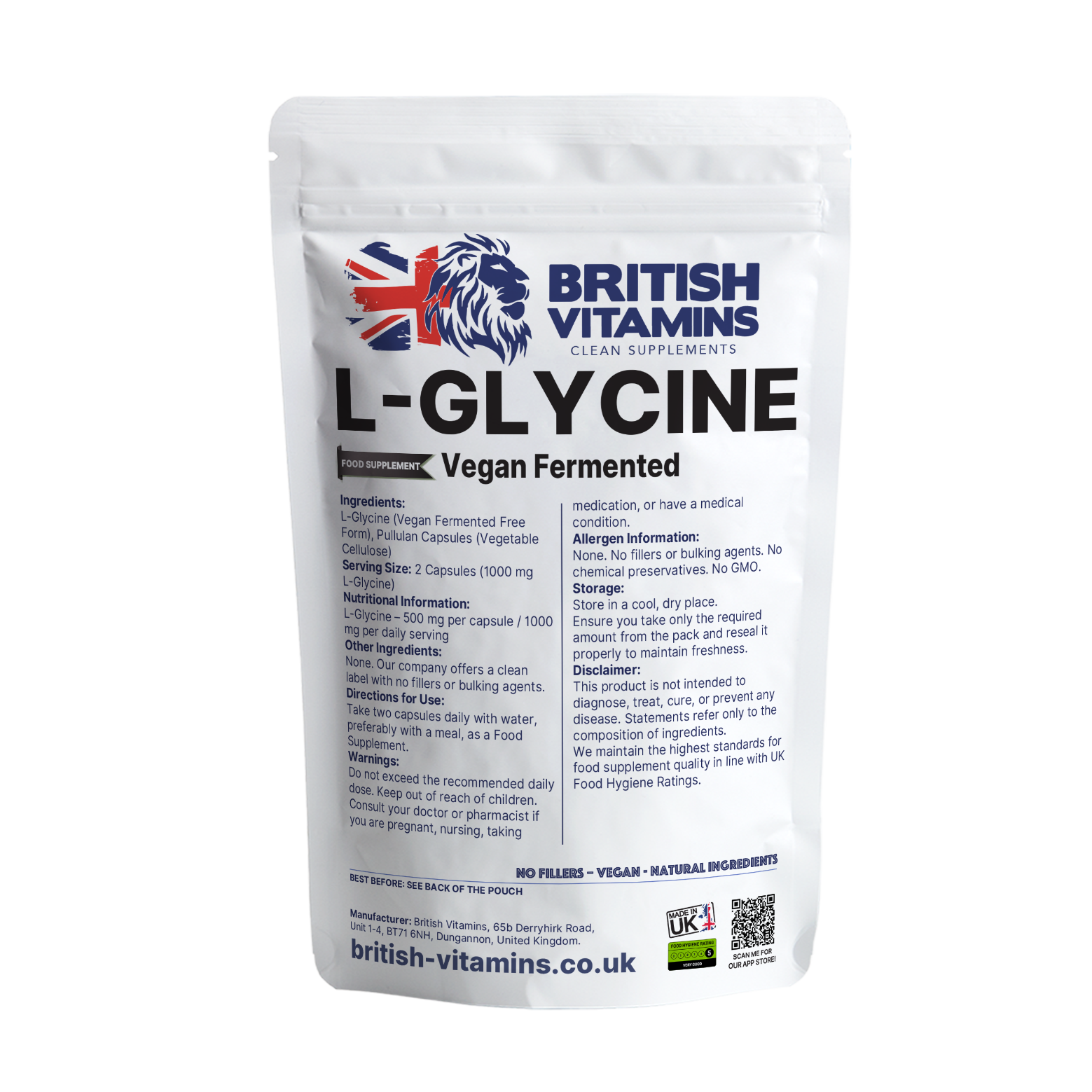 L-Glycine 500mg per Capsule British Vitamins 60 Capsules