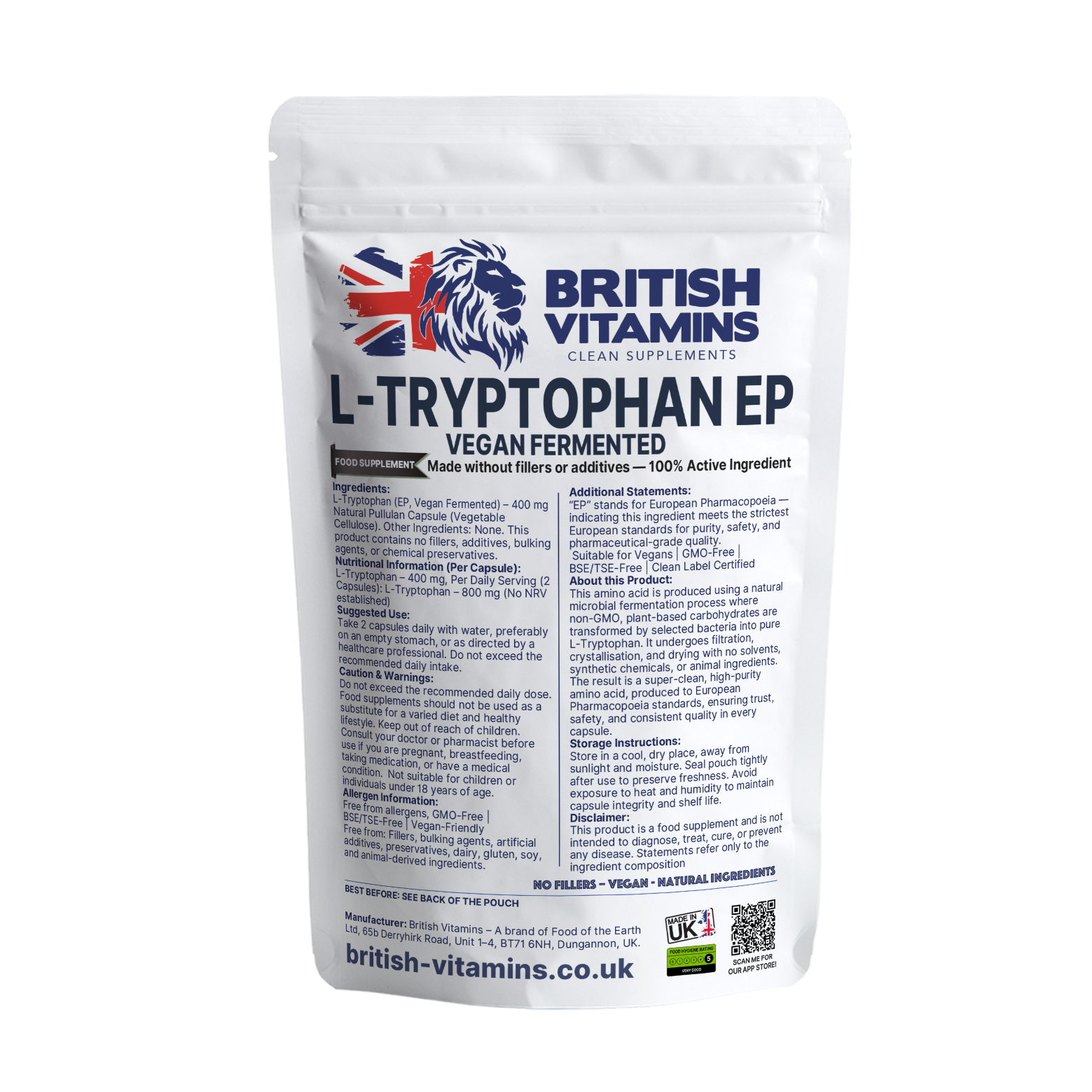 L-Tryptophan (EP, Vegan Fermented) 400 mg British Vitamins 120 Capsules