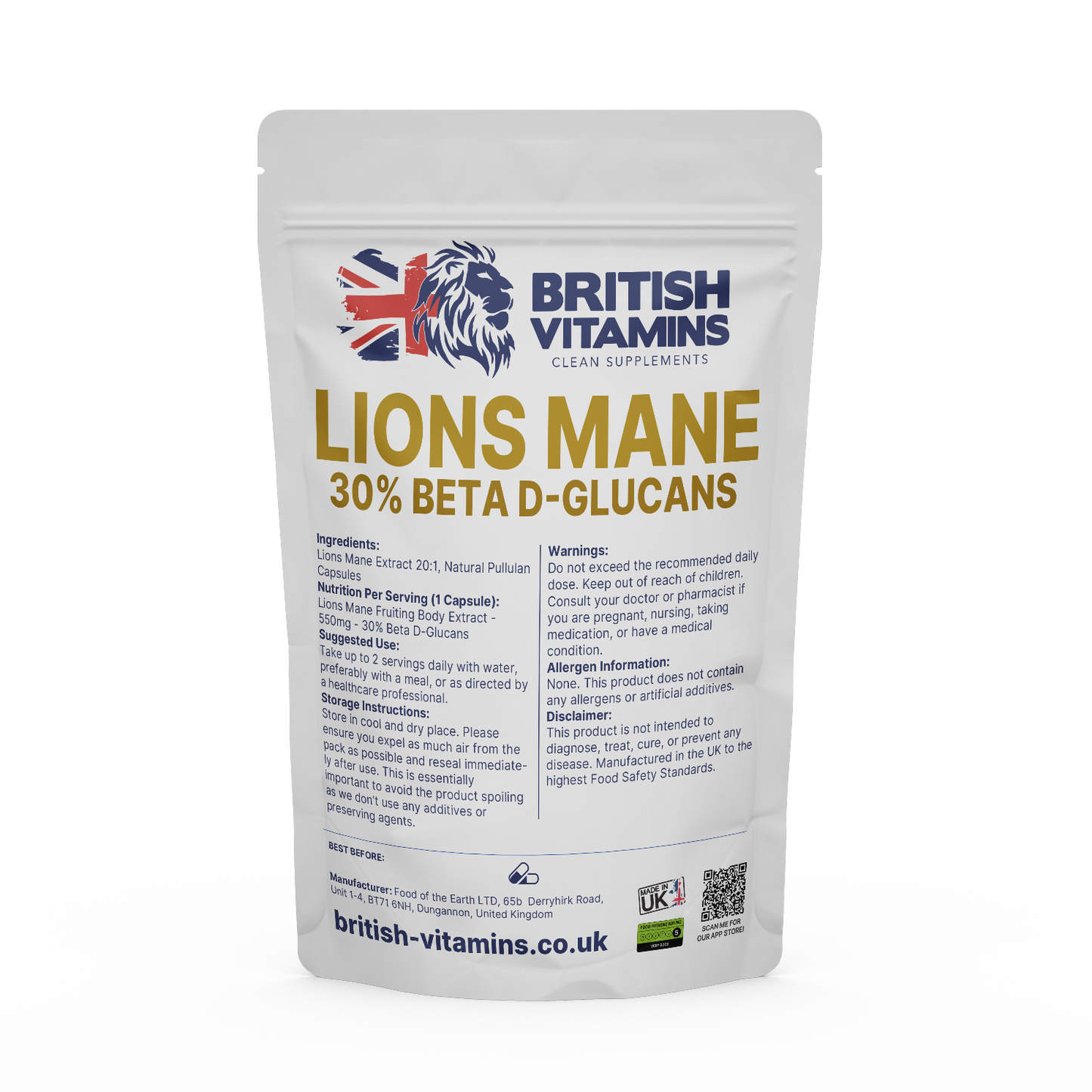 Lions Mane 30% Beta Glucans 550mg Food Supplement British Vitamins 60 Capsules