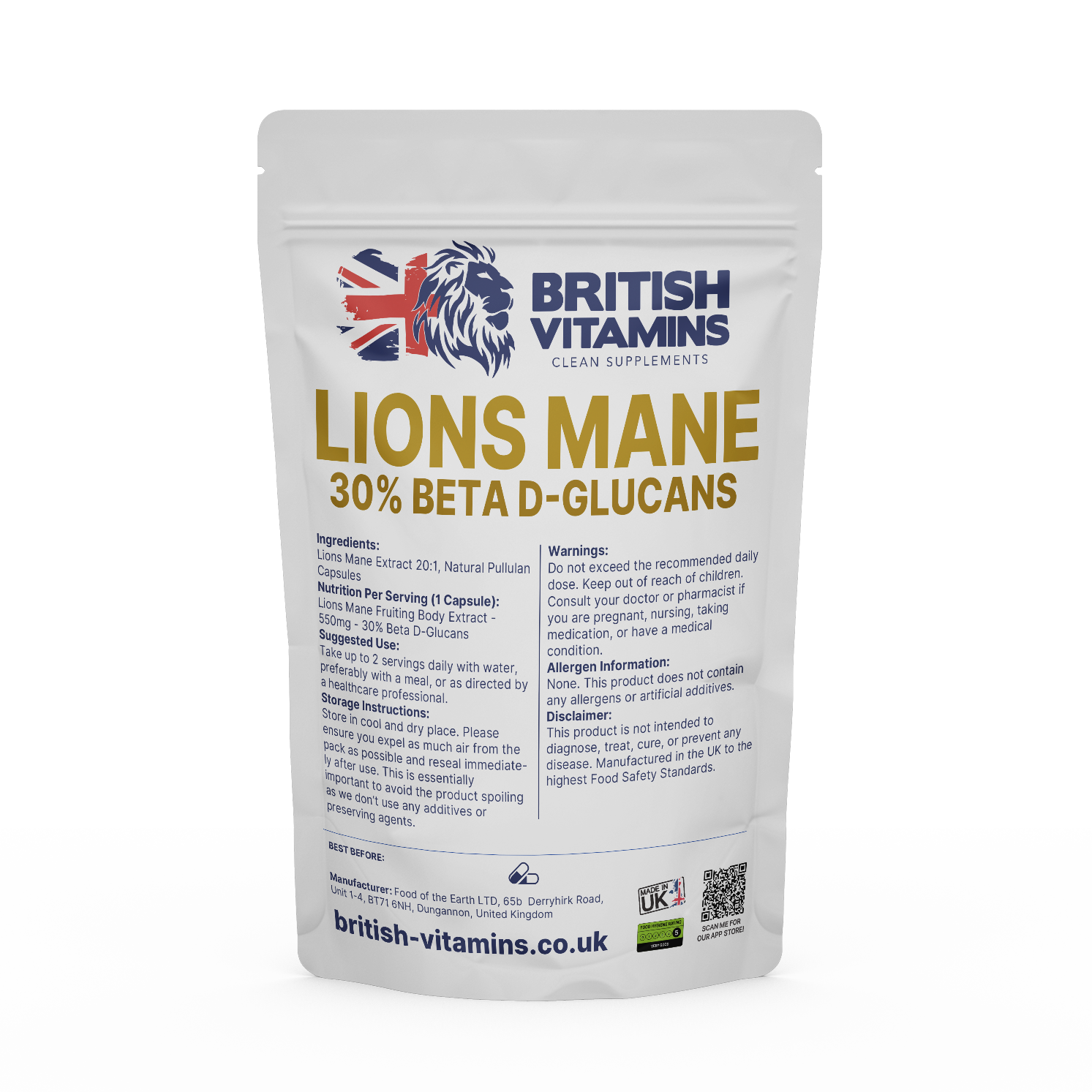 Lions Mane 30% Beta Glucans 550mg Food Supplement British Vitamins 60 Capsules