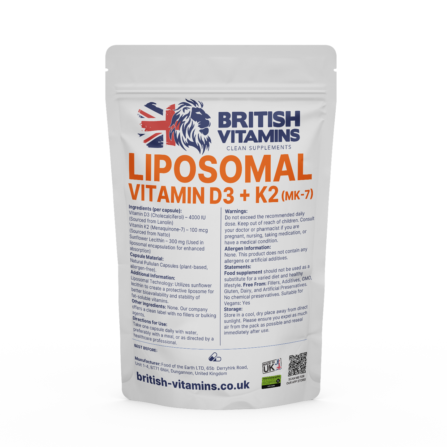 Liposomal D3 K2 MK7 4000iu Food Supplement British Vitamins 60 Capsules