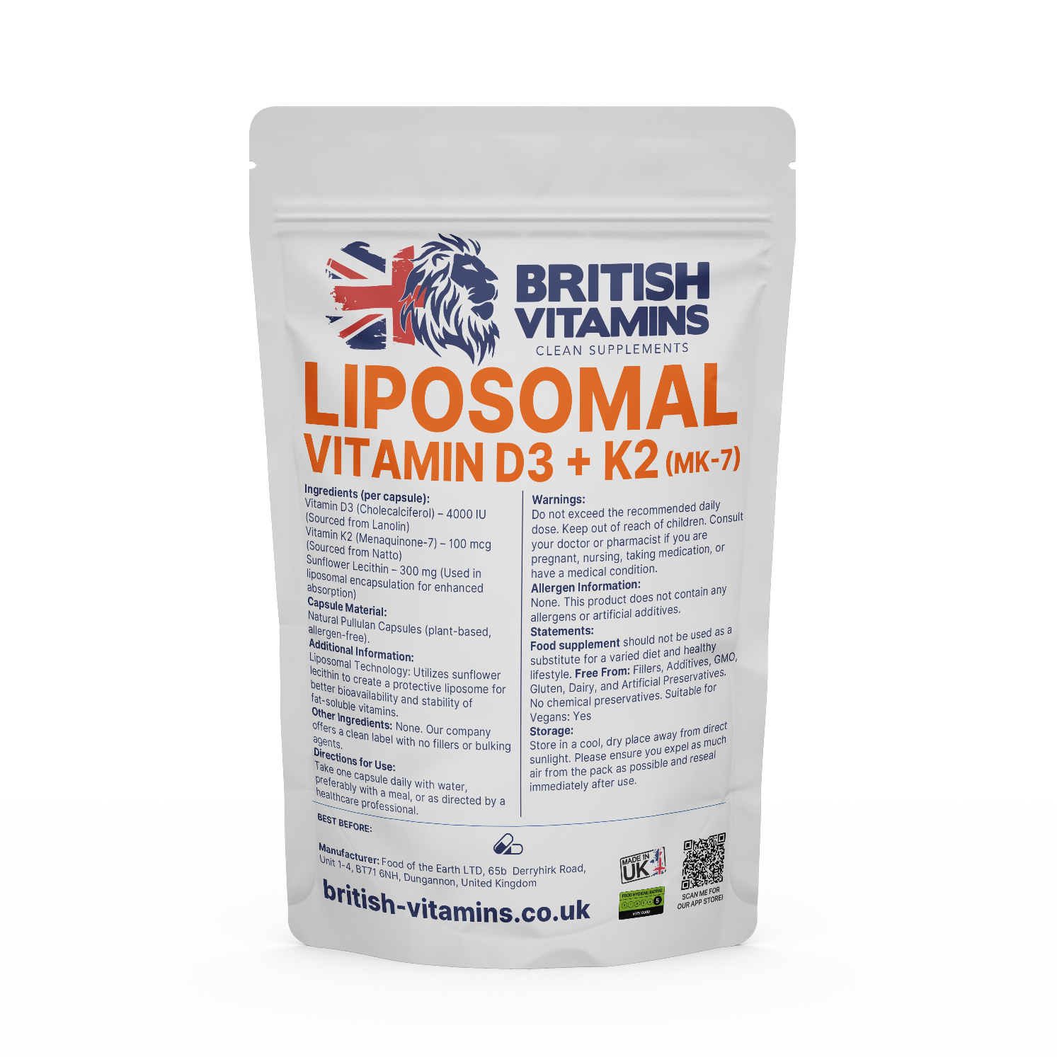 Liposomal D3 K2 MK7 4000iu Food Supplement British Vitamins 60 Capsules