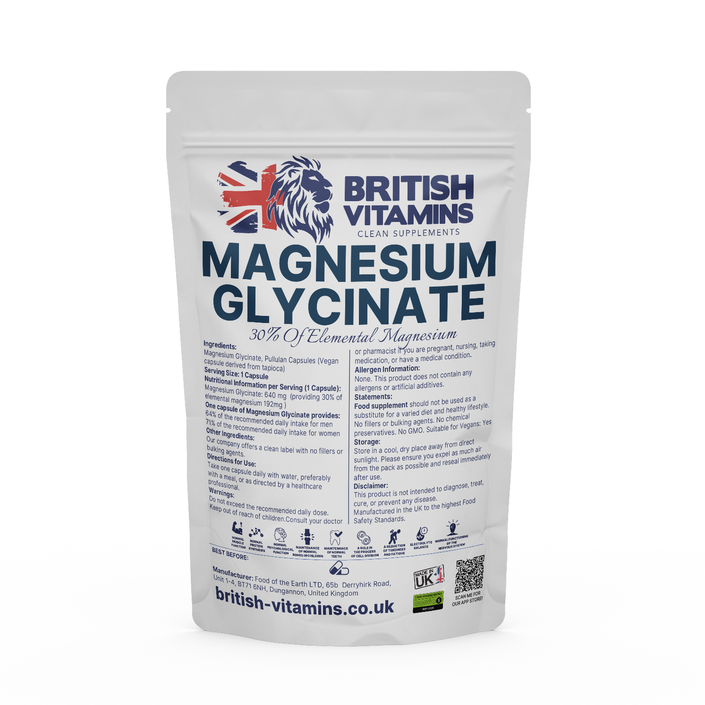 Magnesium Glycinate contains 30% elemental magnesium No Fillers, Clean Label Health & Beauty:Vitamins & Lifestyle Supplements:Sports Supplements:Protein Shakes & Bodybuilding British Vitamins 90 Capsules