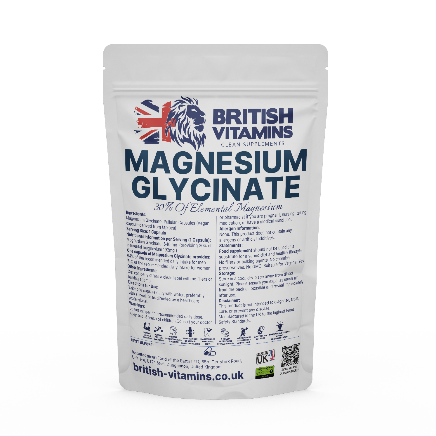 Magnesium Glycinate contains 30% elemental magnesium No Fillers, Clean Label Health & Beauty:Vitamins & Lifestyle Supplements:Sports Supplements:Protein Shakes & Bodybuilding British Vitamins 90 Capsules