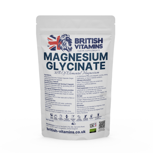 Magnesium Glycinate contains 30% elemental magnesium No Fillers, Clean Label Health & Beauty:Vitamins & Lifestyle Supplements:Sports Supplements:Protein Shakes & Bodybuilding British Vitamins 90 Capsules