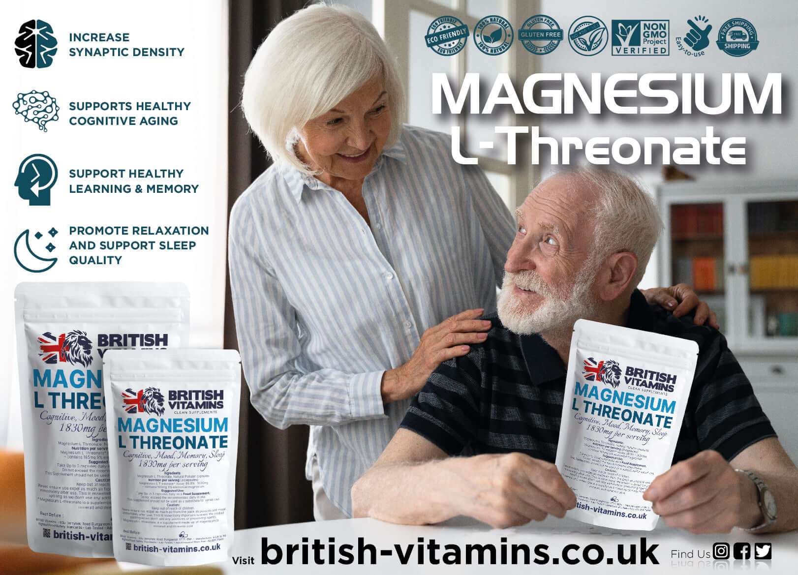 Magnesium L Threonate 1830mg Premium Minerals Capsules Nootropic Health & Beauty:Vitamins & Lifestyle Supplements:Sports Supplements:Protein Shakes & Bodybuilding British Vitamins   
