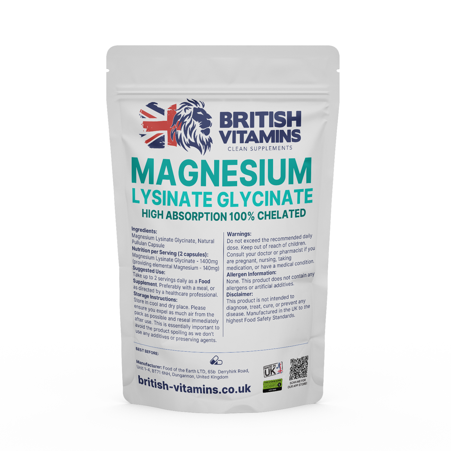 Magnesium Lysinate -Glycinate 100% Chelated Health & Beauty:Vitamins & Lifestyle Supplements:Vitamins & Minerals British Vitamins 60 Capsules ( 2 Months Supply )