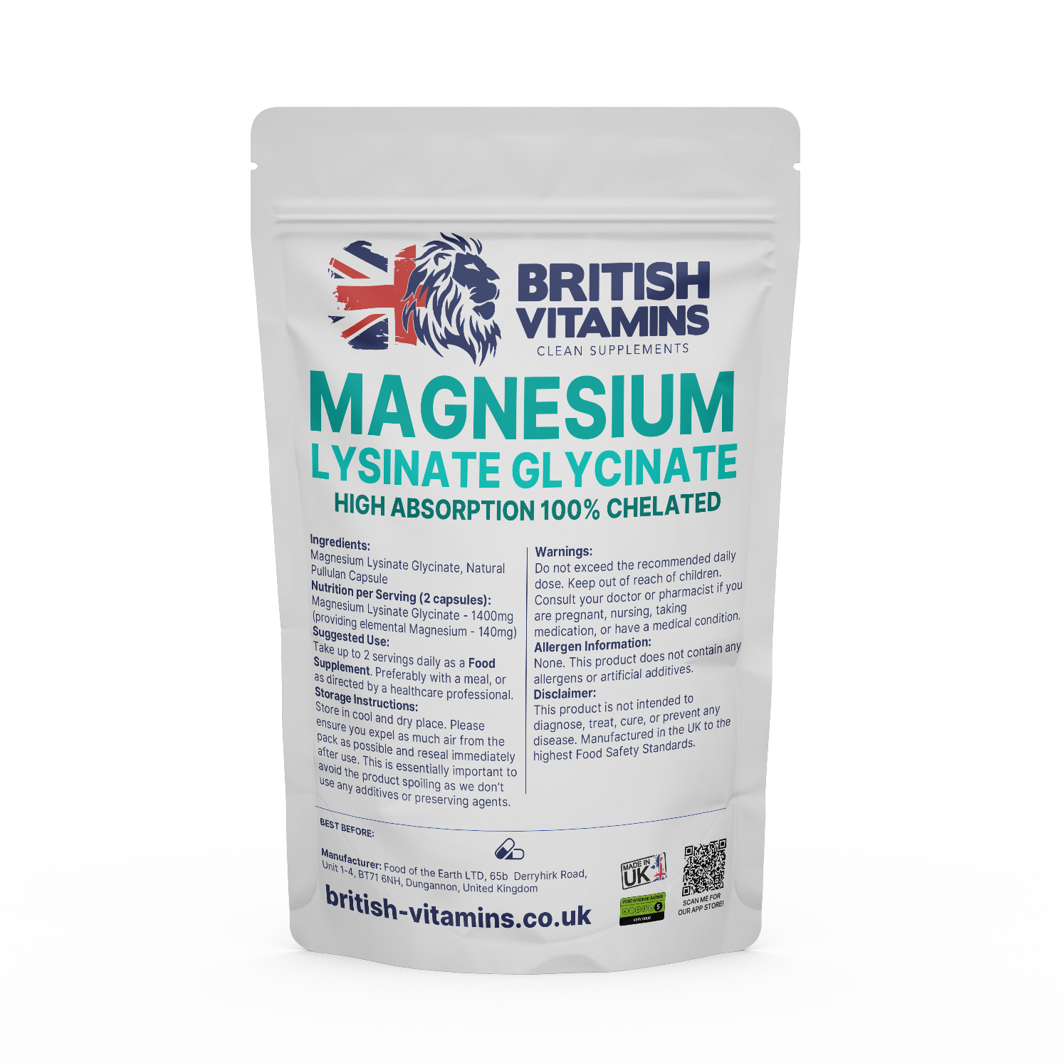 Magnesium Lysinate -Glycinate 100% Chelated Health & Beauty:Vitamins & Lifestyle Supplements:Vitamins & Minerals British Vitamins 60 Capsules ( 2 Months Supply )